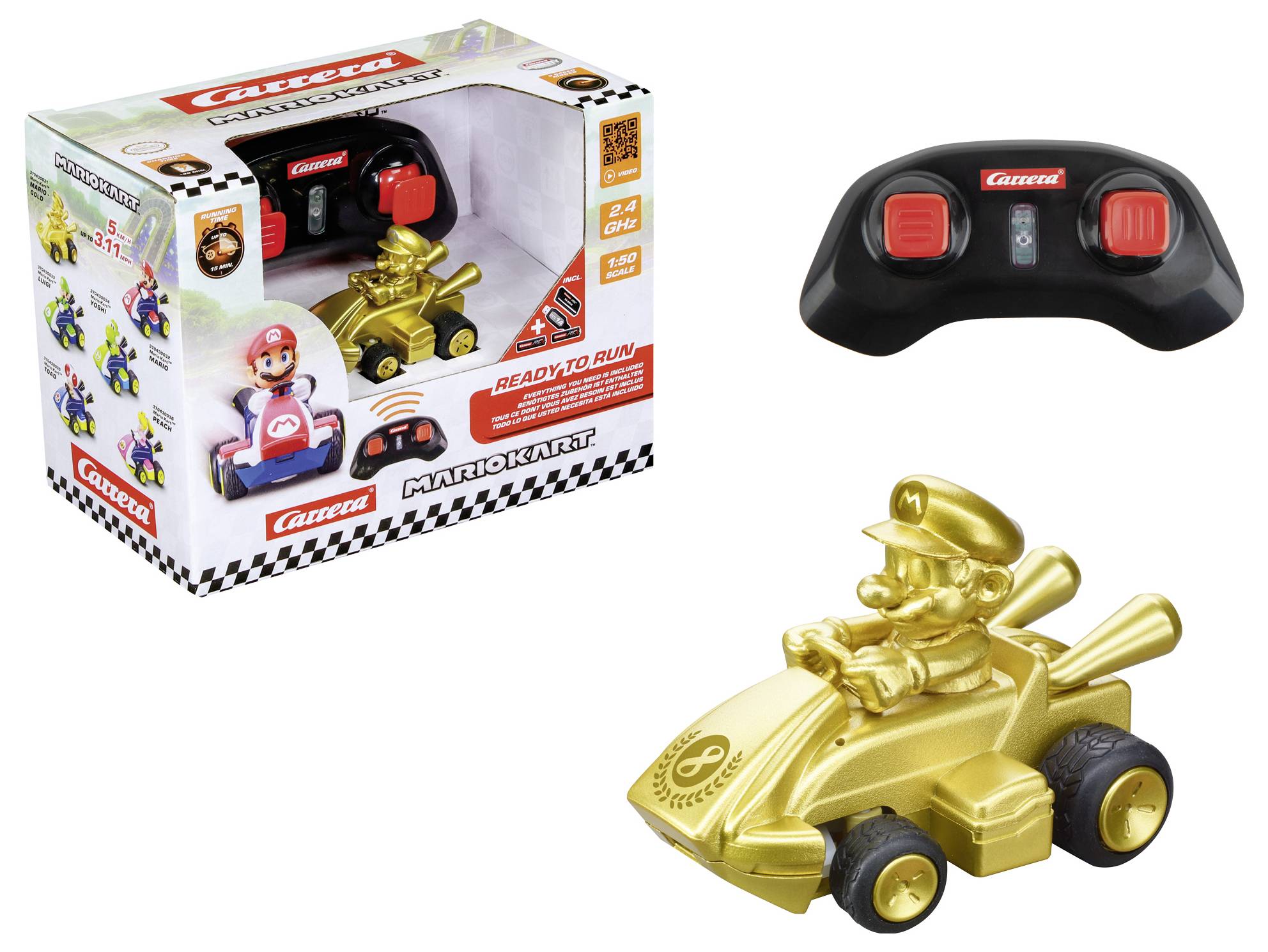 Ein goldener Spielzeug-Rennwagen mit einer Fahrerfigur, die einer Videospiel-Figur ähnelt, wird neben seiner Verpackung und einer schwarzen Zwei-Tasten-Fernbedienung gezeigt.