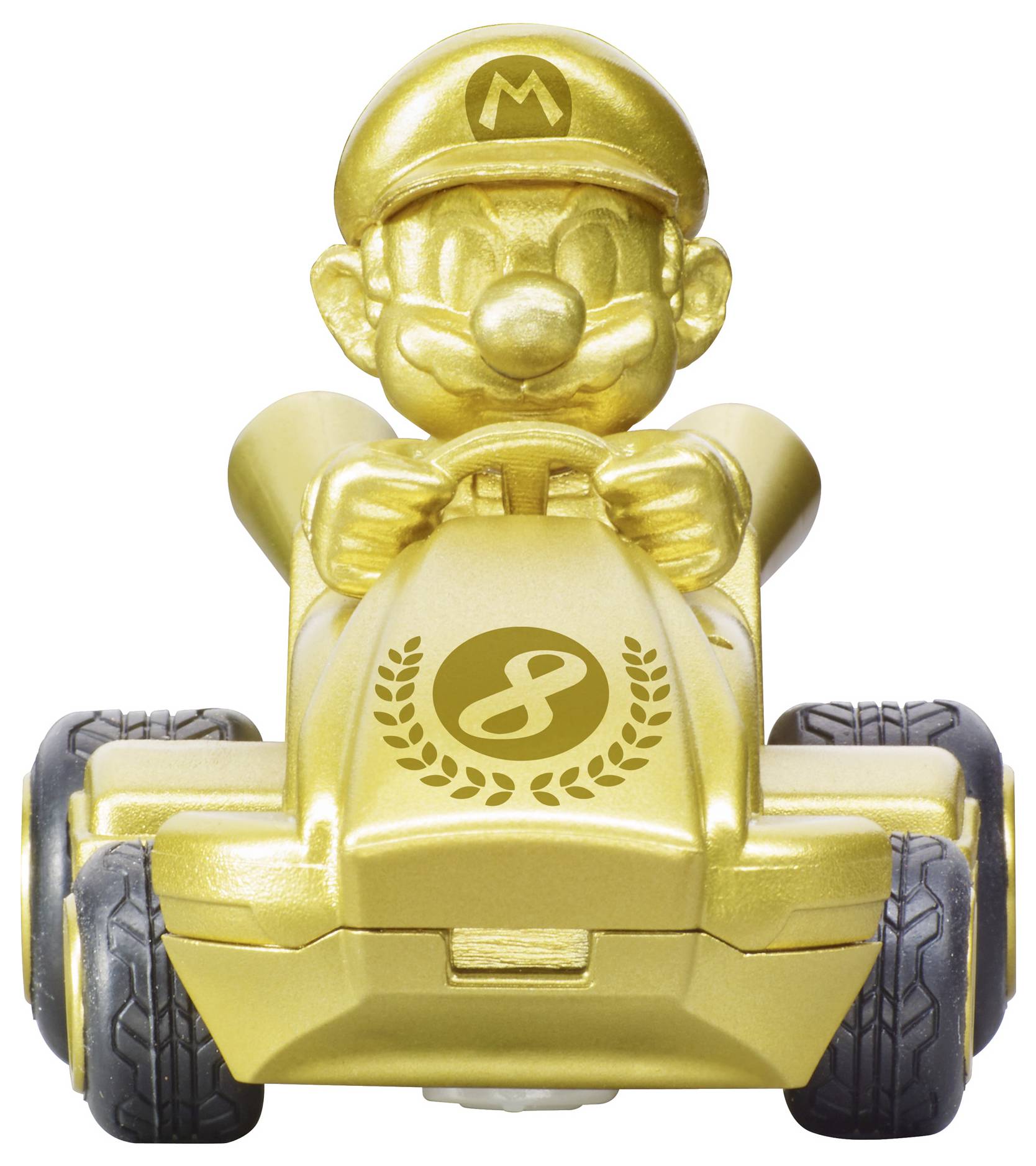 Eine Goldfigurine einer Figur, die einen Kart fährt, mit einer Kappe, auf der ein „M