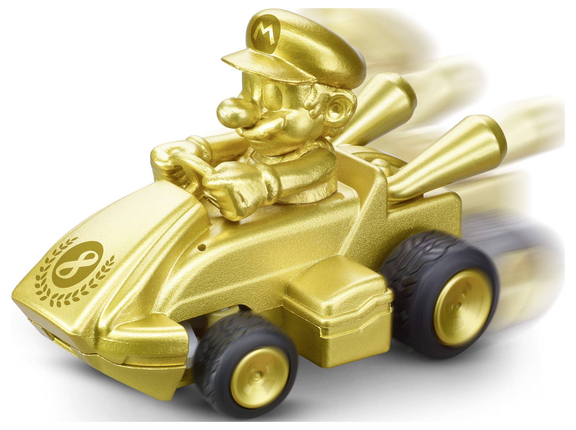 Ein kleines goldenes Spielzeugauto, das mit einer Comicfigur am Steuer modelliert ist, mit einem Spiralsymbol auf der Front. Das Auto scheint schnell zu fahren.