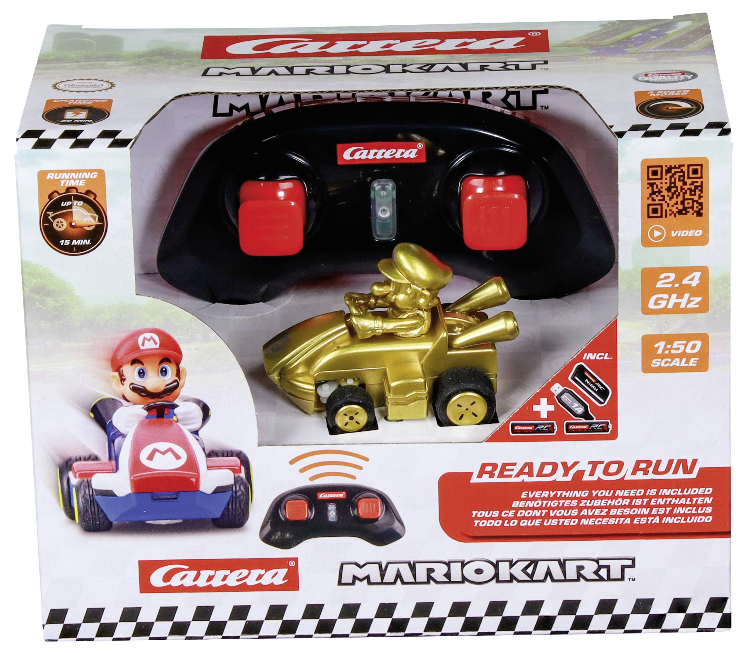 Bild eines verpackten Carrera Mario Kart Spielzeug-Sets mit einem goldenen Mario in einem Kart, mit 2,4 GHz Fernbedienung und dem Hinweis 