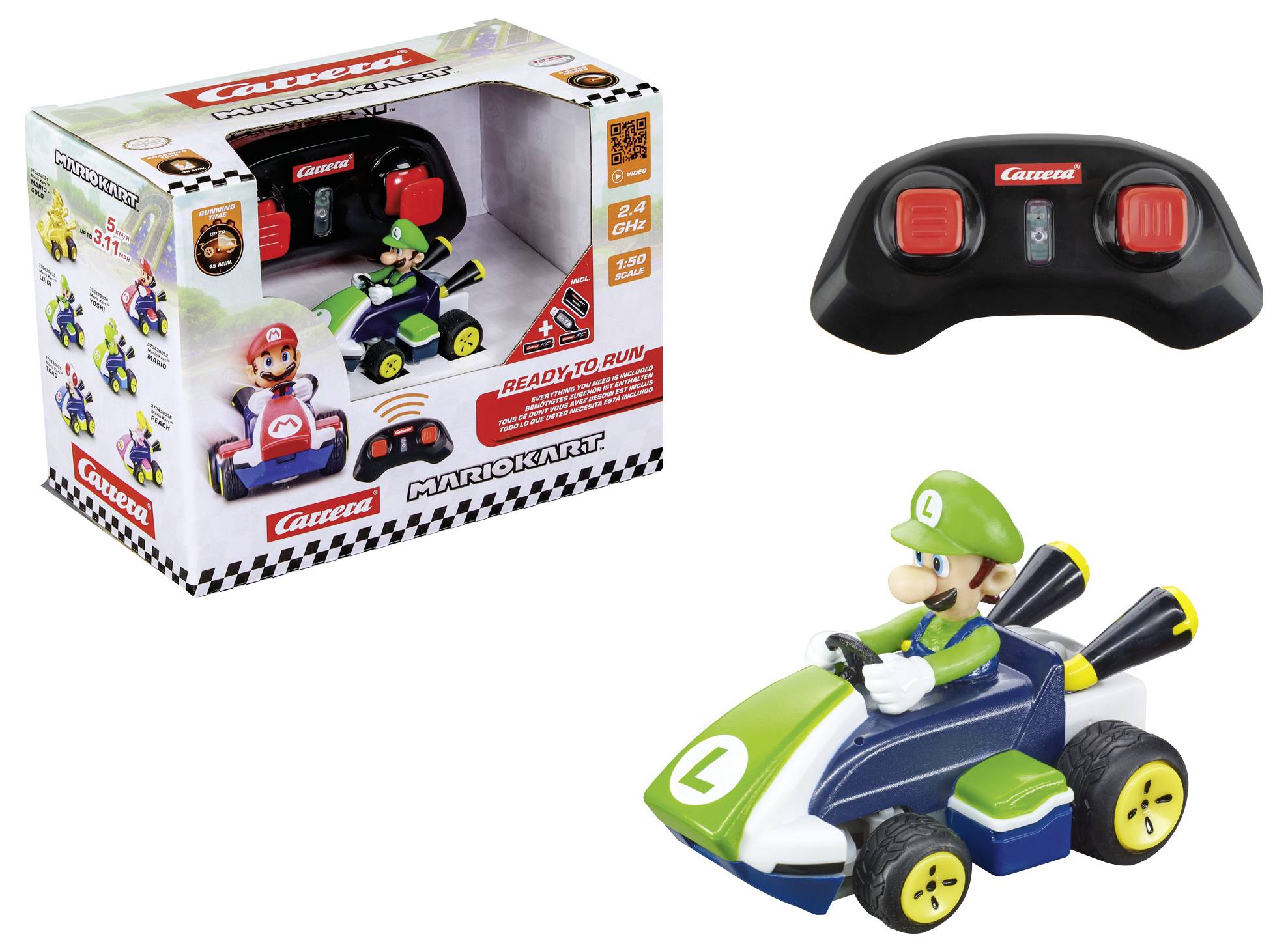 Carrera RC Mario Kart Spielzeugset enthält einen Luigi-förmigen Kart und eine Fernbedienung in der Verpackung, entwickelt für Kinder.