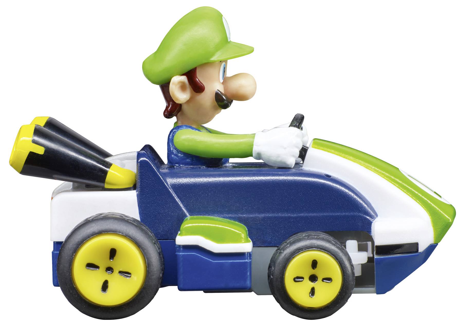 Eine Spielzeugfigur eines Charakters in grüner Latzhose, der einen blau-weißen Go-Kart mit gelben Rädern und zwei Auspuffröhren hinten fährt.