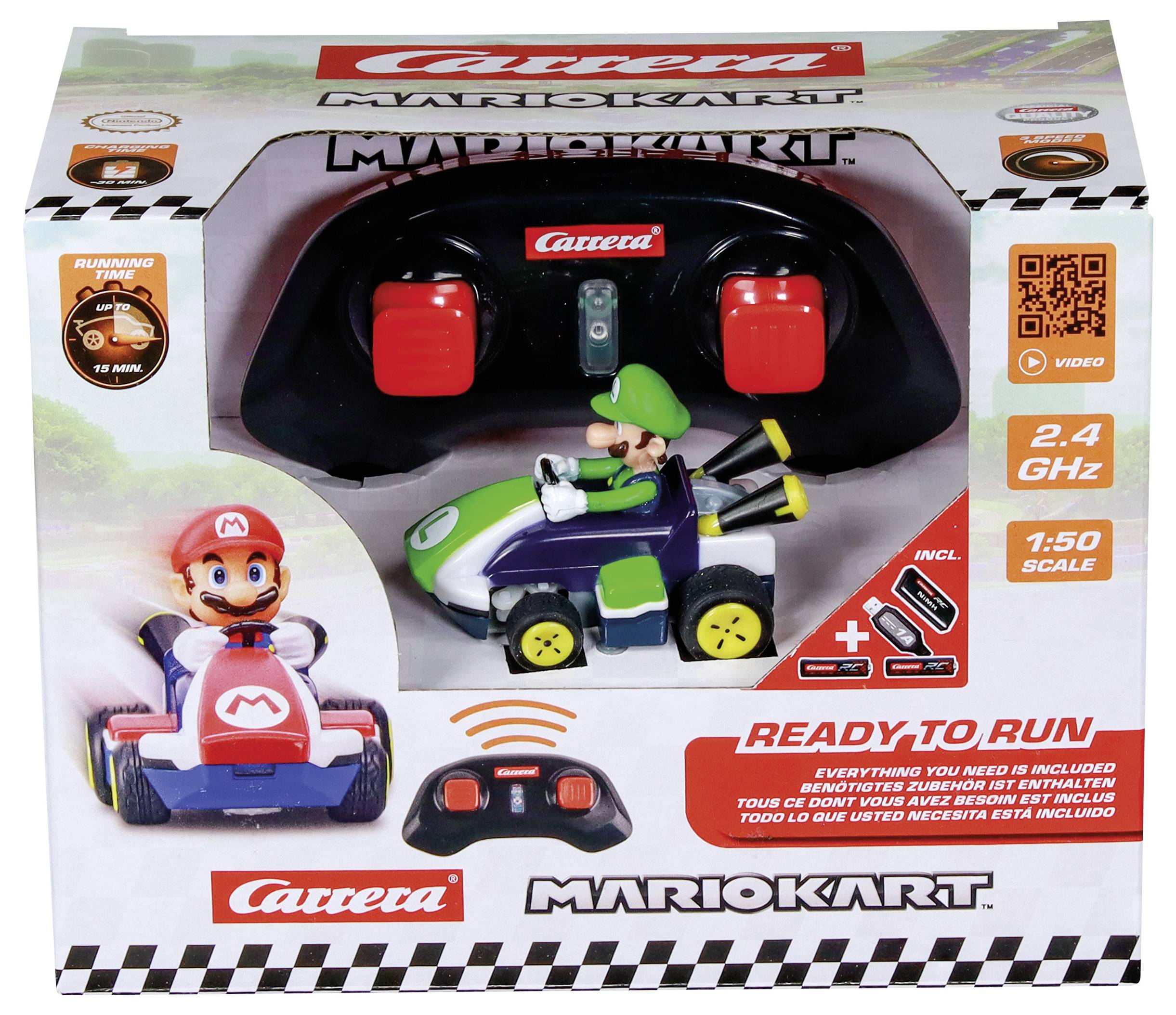 Mario Kart Spielzeug-Set mit Luigi als Rennfahrer, Fernbedienung, 2,4 GHz, 1:50 Maßstab. Schachtel zeigt Mario- und Luigi-Bilder sowie Spielzeugdetails.