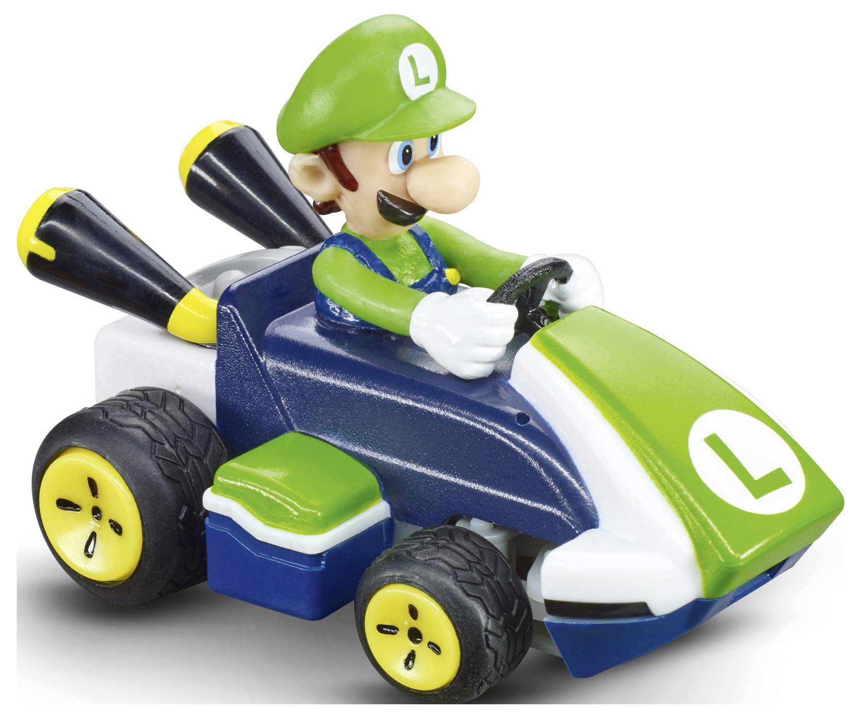 Ein Spielzeug-Kart mit einem fahrers in grüner Kleidung und grüner Mütze, der in einem blau-grünen Fahrzeug mit großen Rädern und Doppel-Auspuffanlagen sitzt.