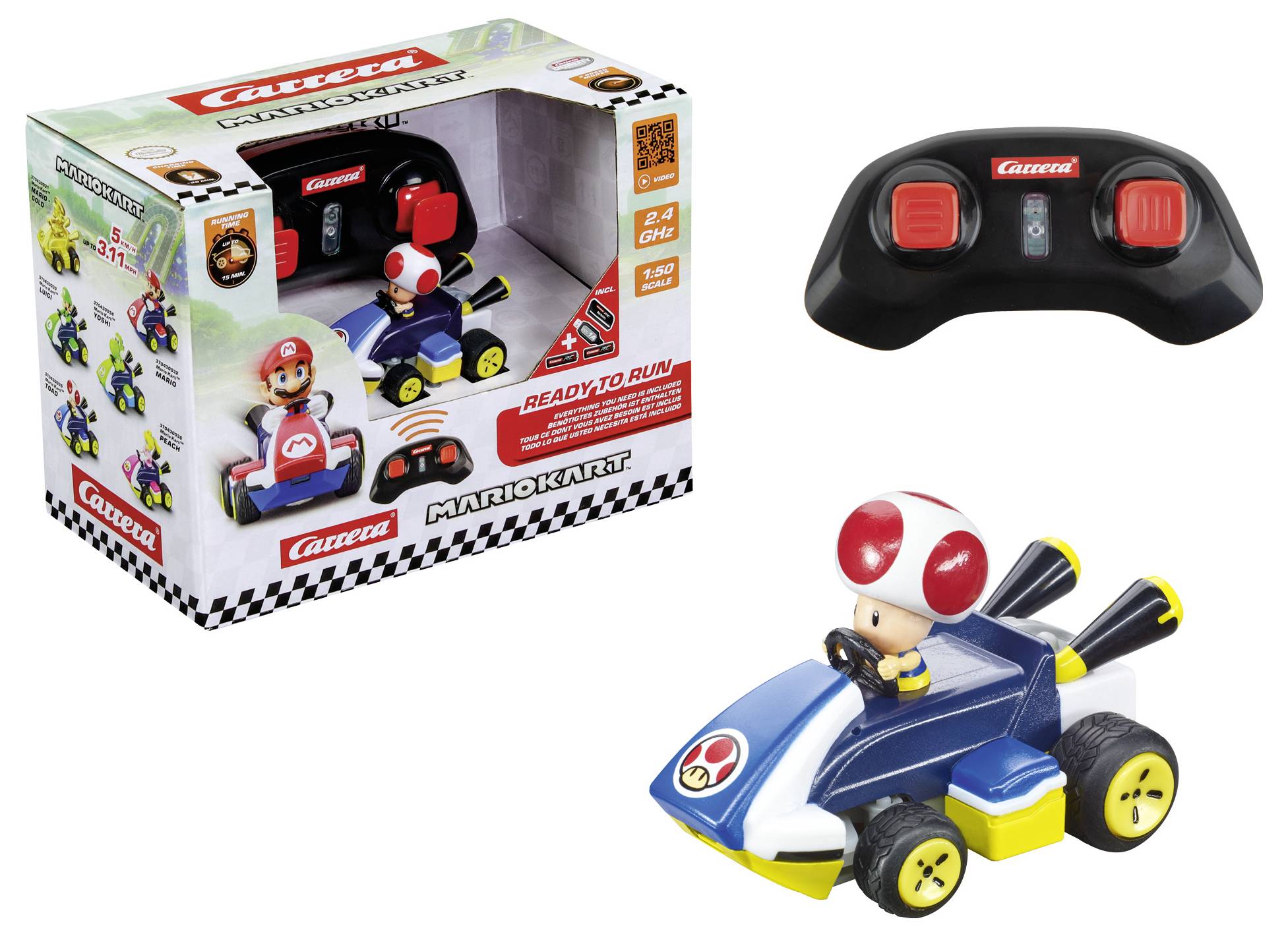 Ein Spielzeugset enthält einen kleinen Rennwagen mit einem Fahrer in einem roten Helm, eine Fernbedienung mit roten Tasten und seine Verpackungsschachtel.