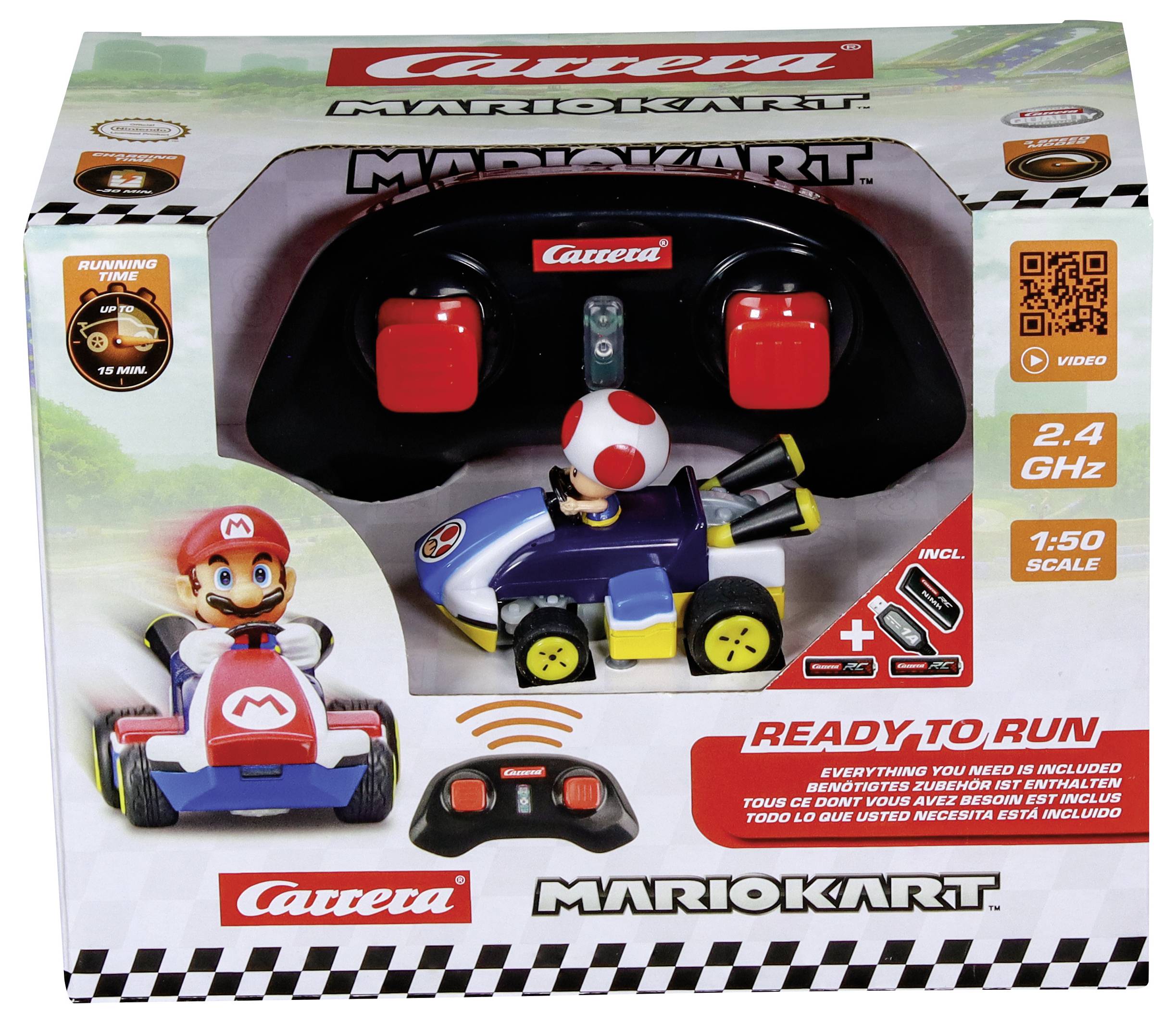 Spielzeugbox für 'Carrera Mario Kart' enthält eine ferngesteuerte Mario-Figur im Maßstab 1:50, inklusive Fernbedienung, läuft 11 Minuten pro Ladung.