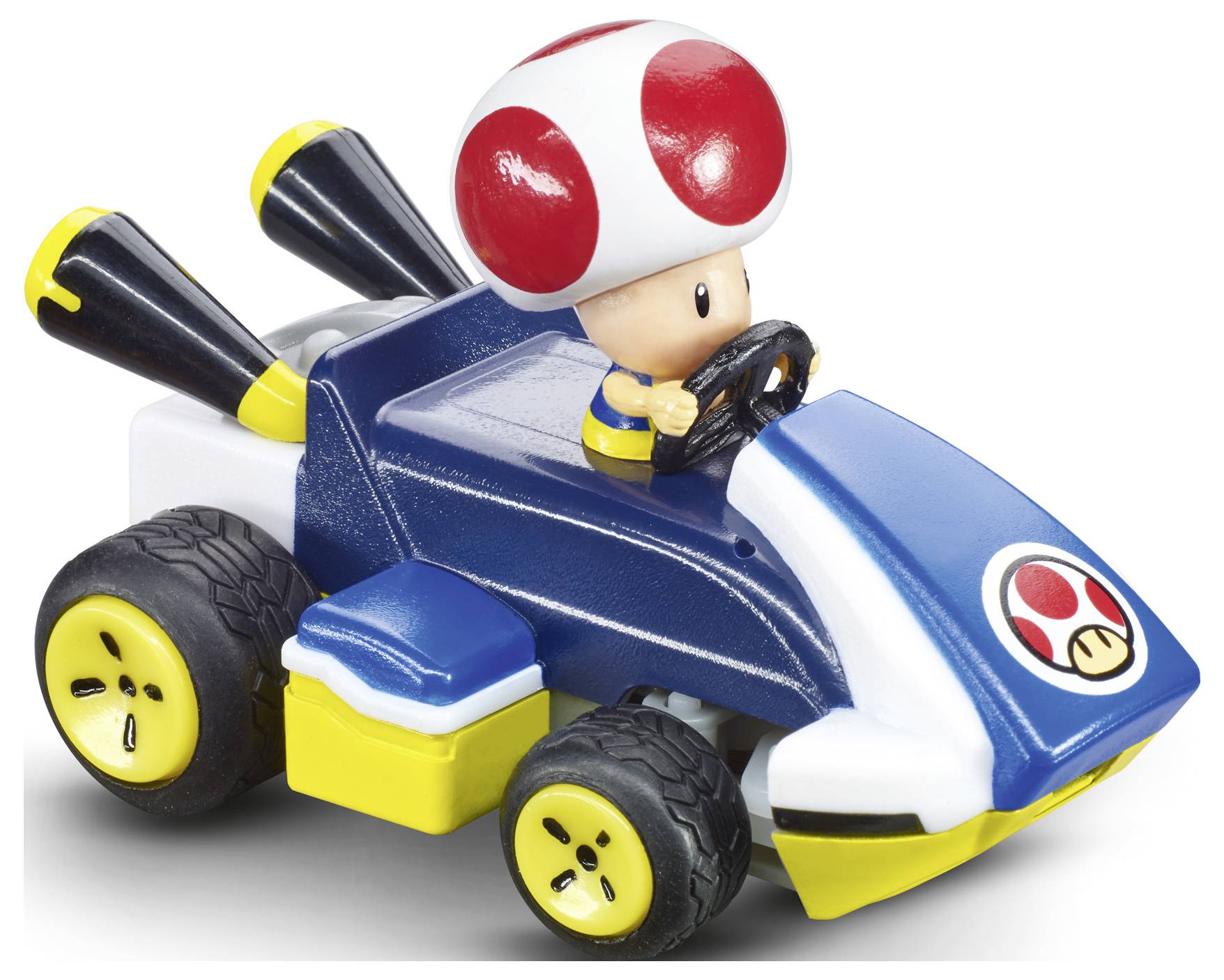 Eine Spielfigur mit einem Pilzhut steuert einen blau-gelben Kart mit großen Auspuffrohren und einem Pilzemblem auf der Front.