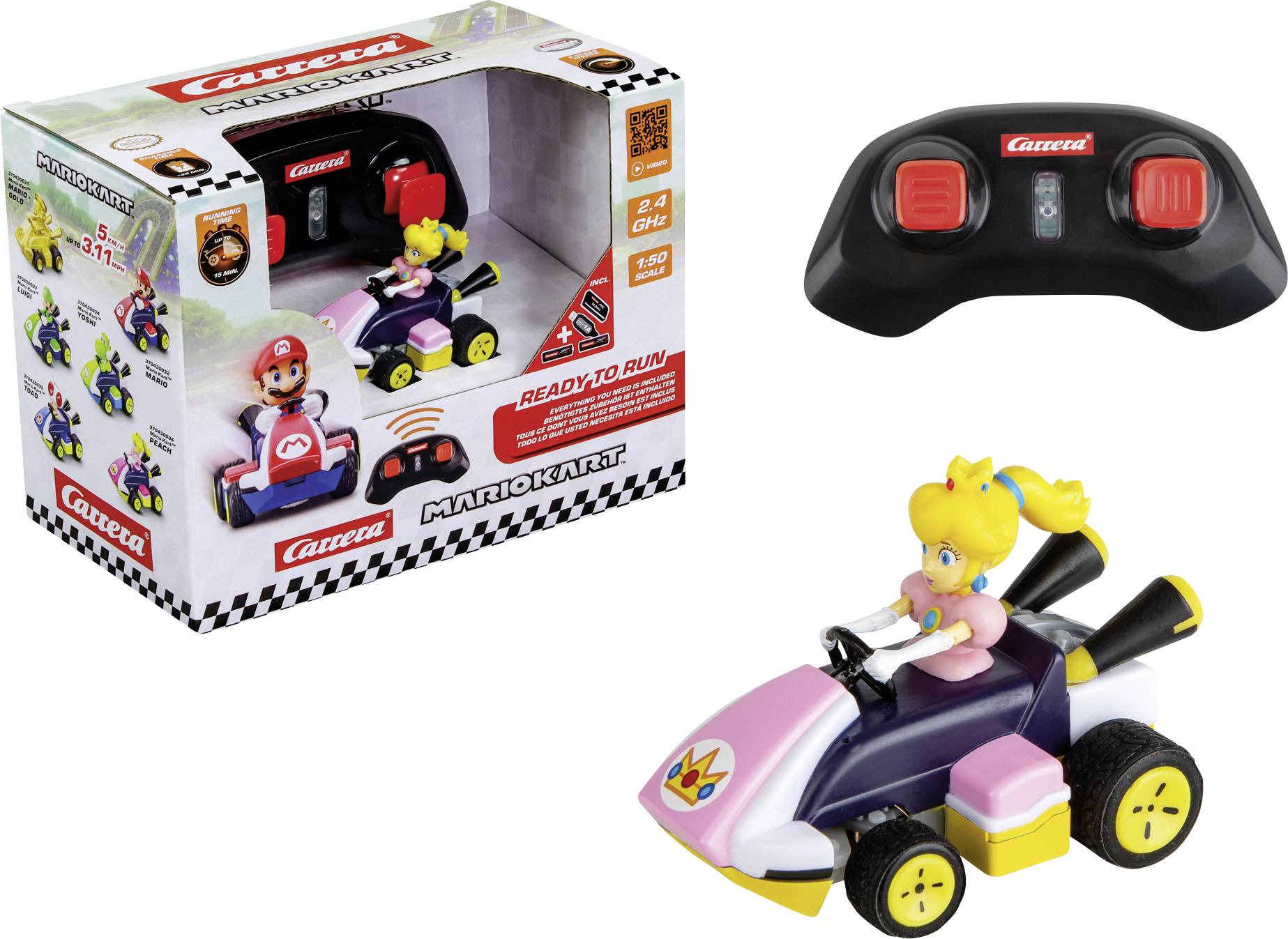 Eine Spielzeugkiste enthält ein 'Carrera Mario Kart' ferngesteuertes Auto mit einer Figur in einem pinken Outfit. Ein schwarzer Controller ist enthalten.