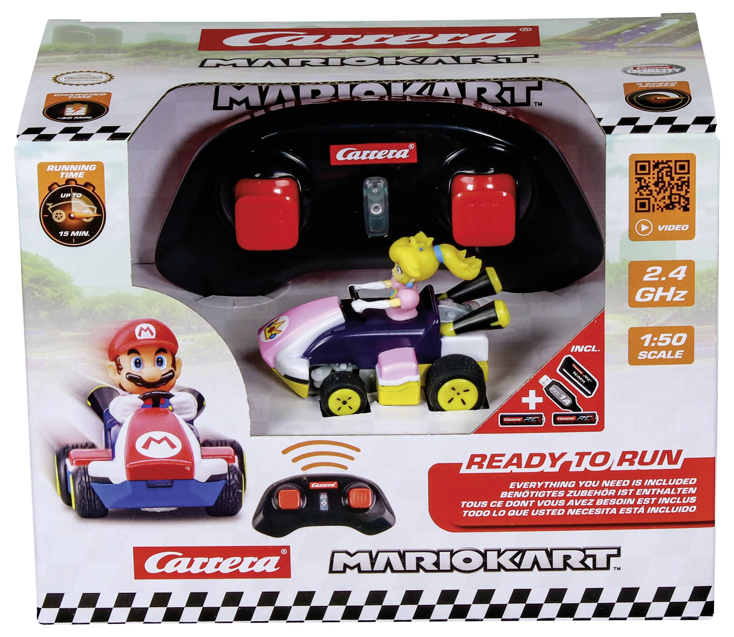 Mario Kart Spielzeugverpackung mit einem Maßstabsmodell von Prinzessin Peach im Kart im Verhältnis 1:50 und Fernbedienung. Enthält den Text 'Sofort einsatzbereit'.