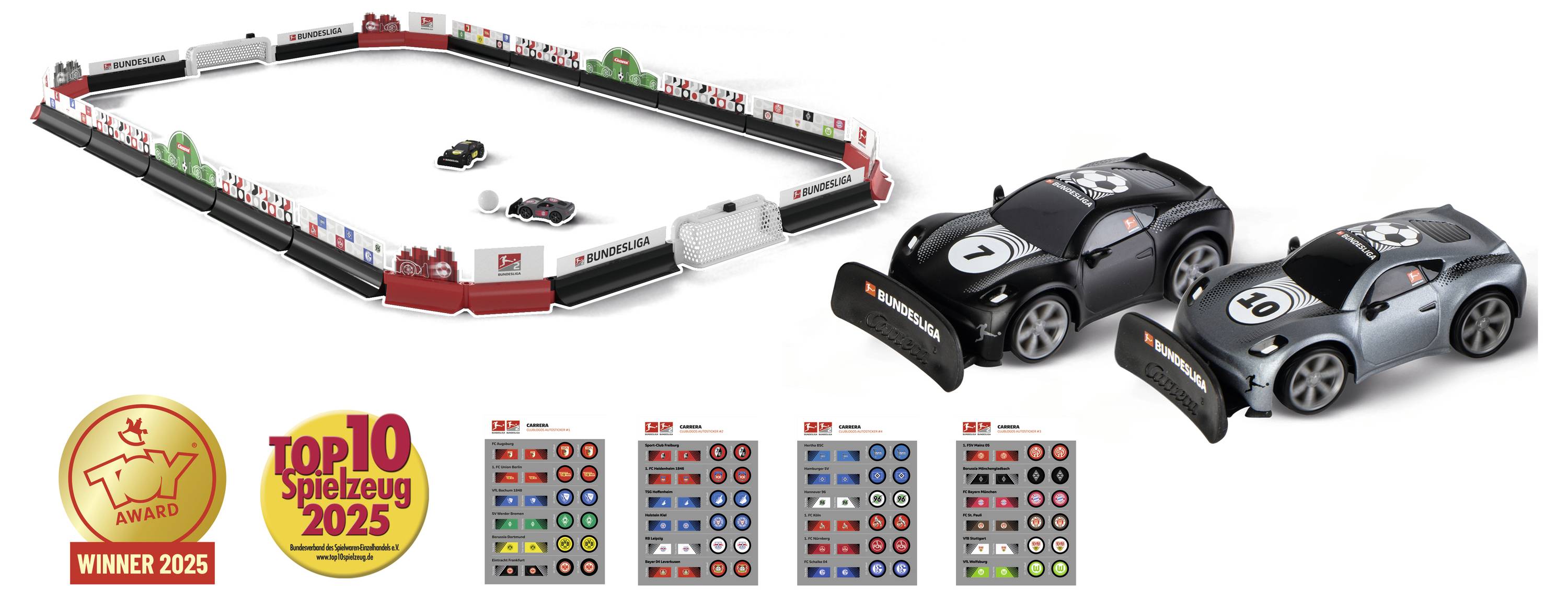 Ein Rennspiel-Set mit zwei schwarzen Spielzeugautos, austauschbaren Rädern und Gewinner-Abzeichen mit den Aufschriften 