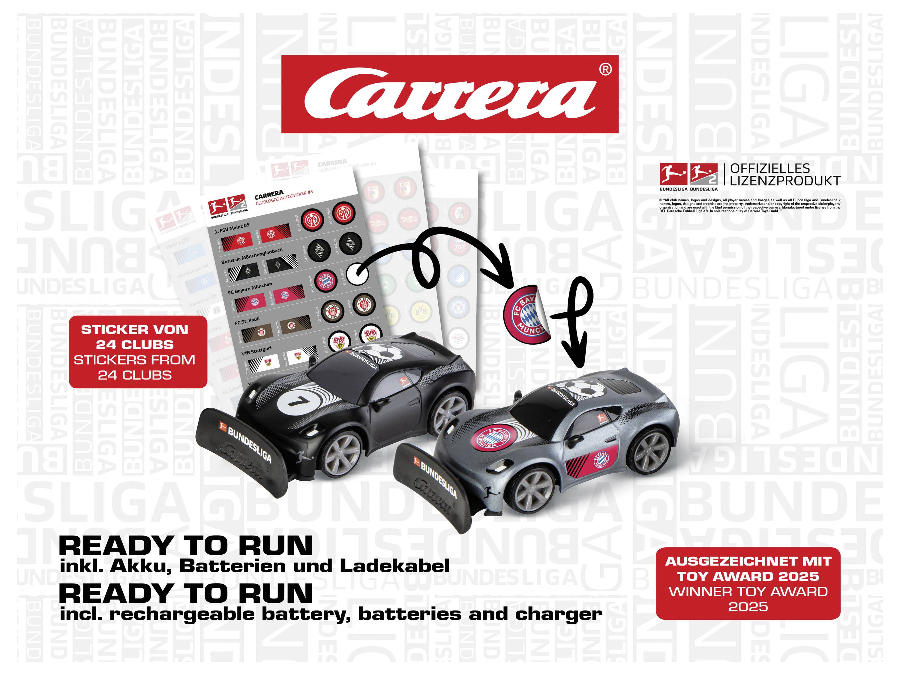 'Carrera' Spielzeugautos mit Aufklebern von 24 Vereinen, gekennzeichnet als 'READY TO RUN'. Inklusive wiederaufladbarer Batterie, Batterien und Ladegerät.
