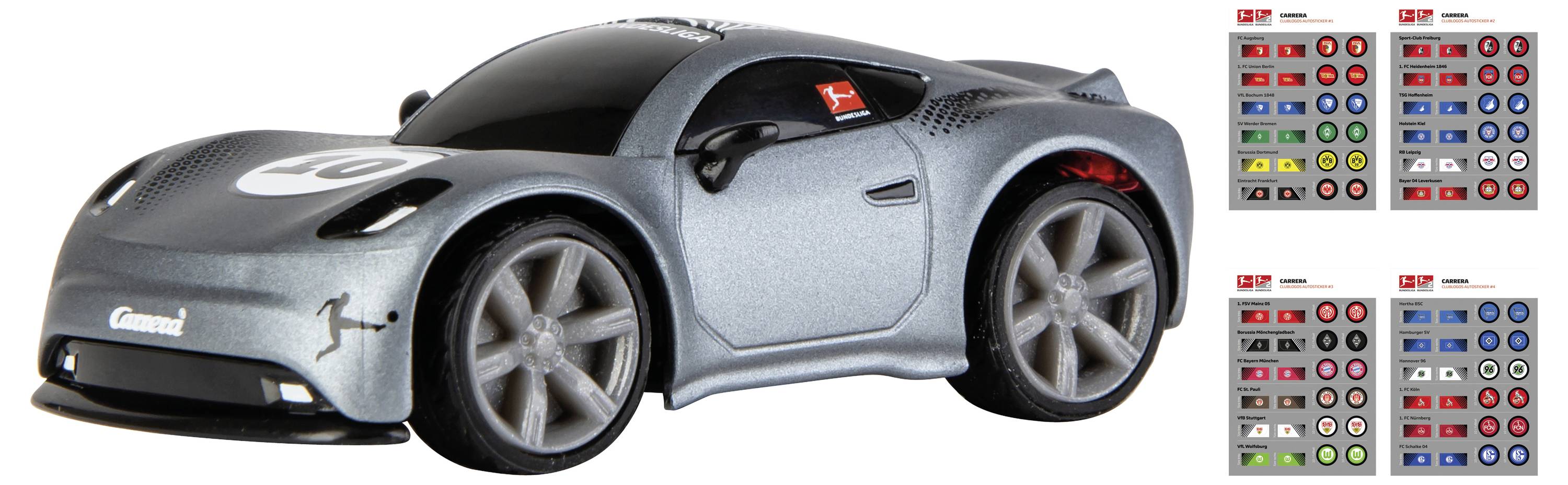 Ein schlankes graues Spielzeugauto mit großen Rädern ist zu sehen, das eine Nummer '10' auf der Motorhaube und verschiedene bunte Aufkleber an der Seite trägt.