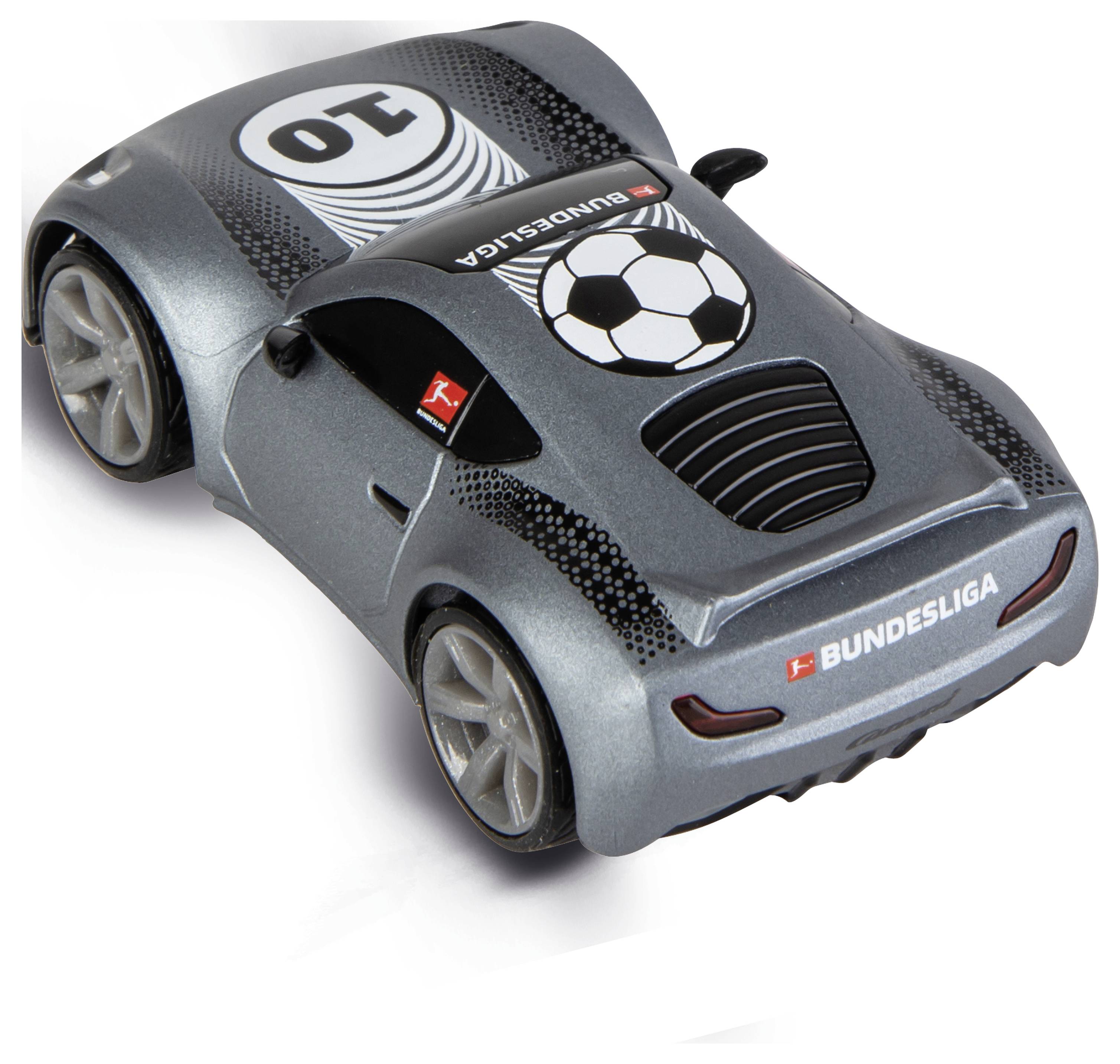 Ein kleiner, grauer Spielzeugwagen mit 