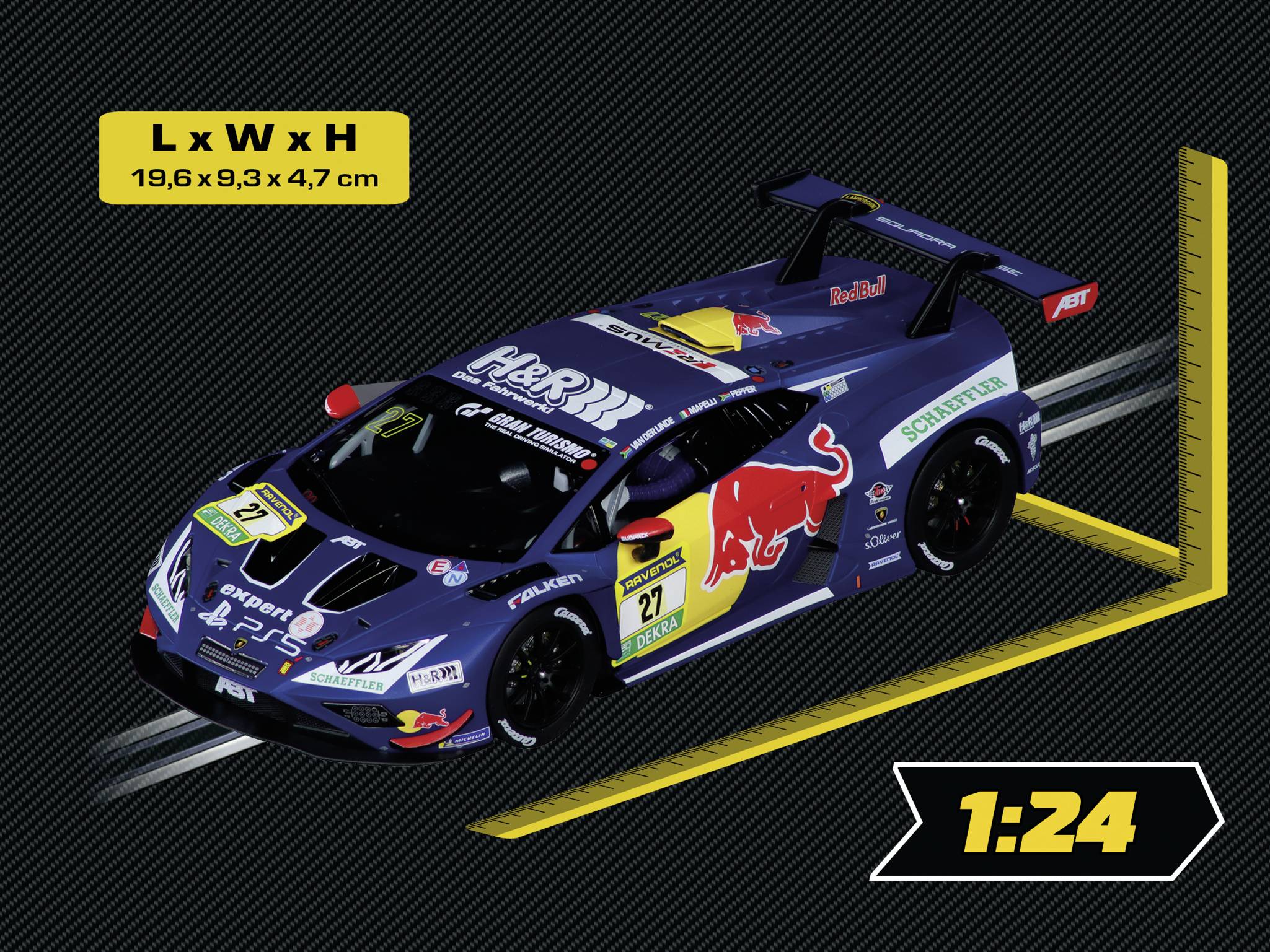 Maßstab-Automodell-Abmessungen: 19,6 x 9,3 x 4,7 cm. Maßstab 1:24. Ausgestattet mit Rennsponsoren und Dekorationen auf einem blau und gelb gestalteten Design.