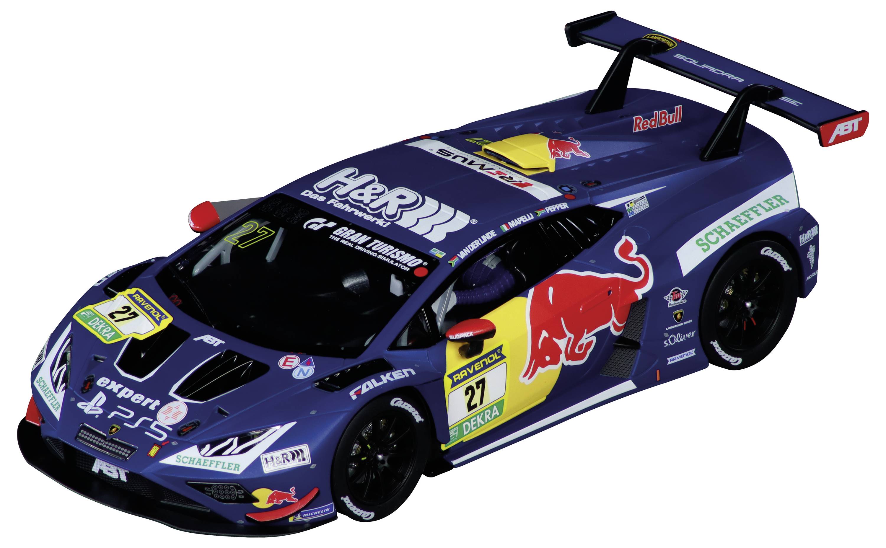 Ein blauer Rennwagen mit 'Red Bull' Branding, der die Nummer 27 trägt. Er verfügt über Sponsorenlogos, einen Heckflügel und ein aerodynamisches Design.