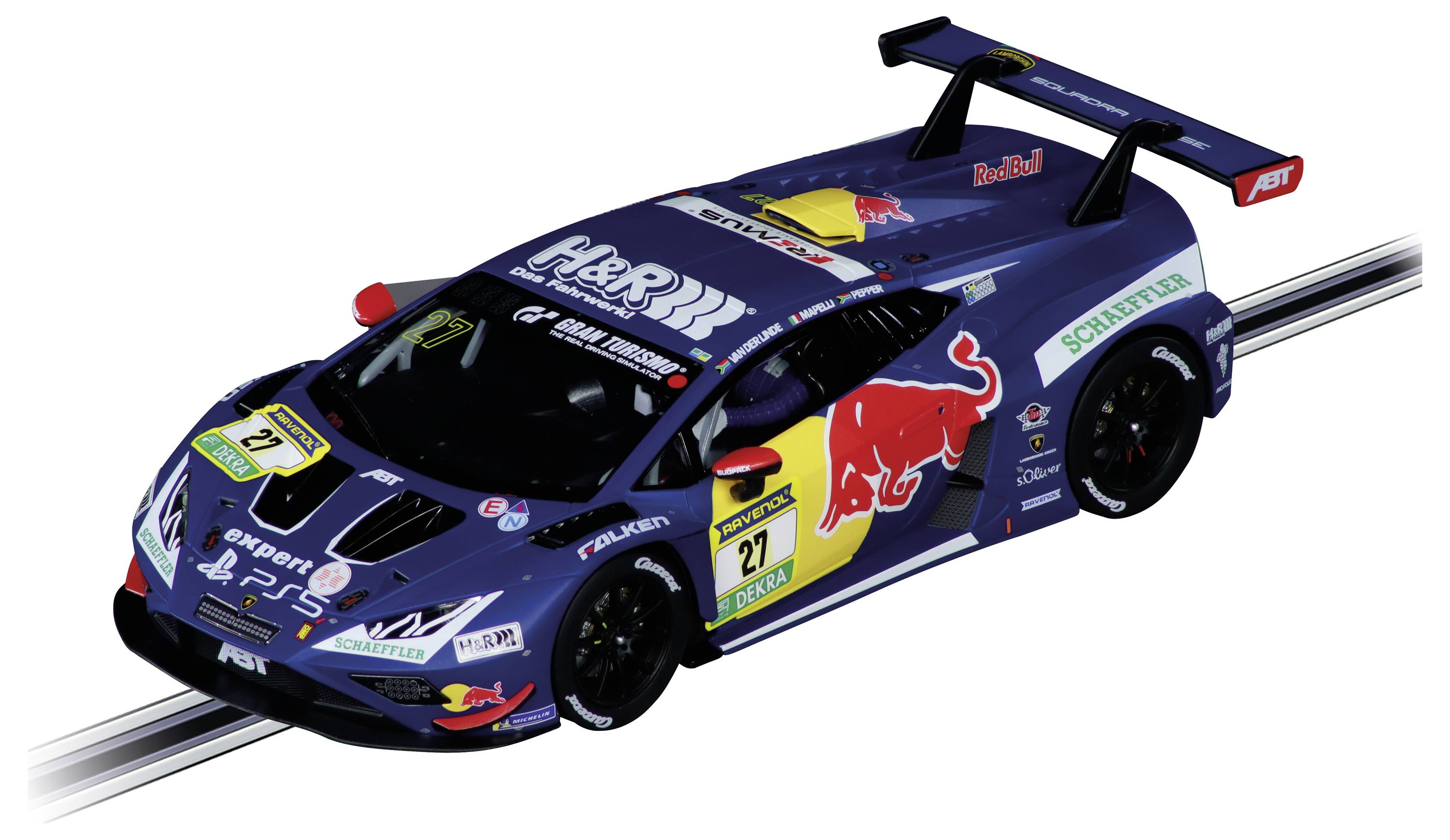 Ein blauer Rennwagen im Modell mit 'Red Bull' Branding, Nummer 27 und verschiedenen Sponsorenlogos auf einer Rennstrecke. Ausgestattet mit einem auffälligen Heckflügel.