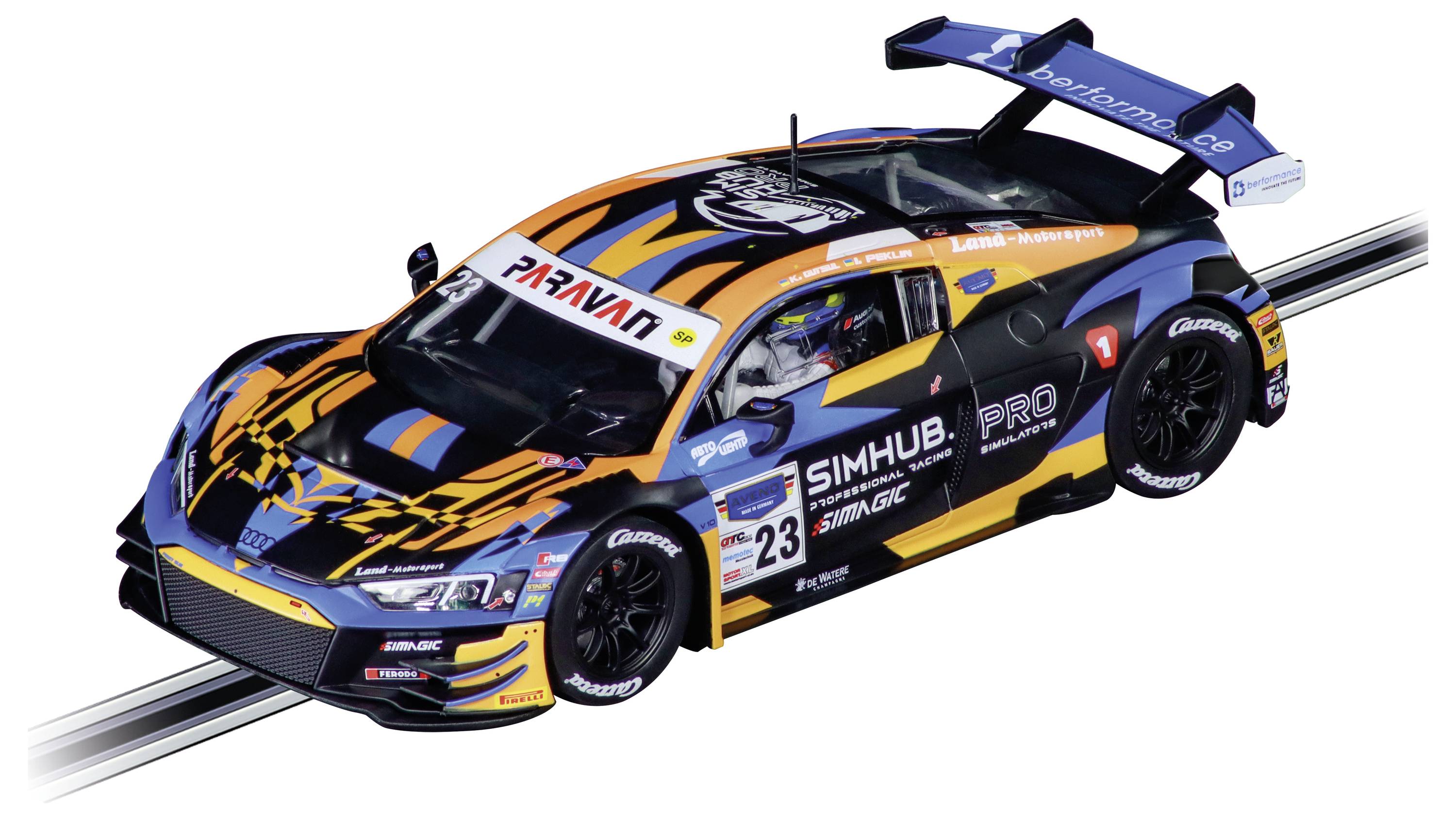 Ein schlanker, farbenfroher Rennwagen mit mehreren Sponsorenlogos, der Nummer 23 und einem markanten Heckflügel, der hohe Geschwindigkeitsleistung andeutet.