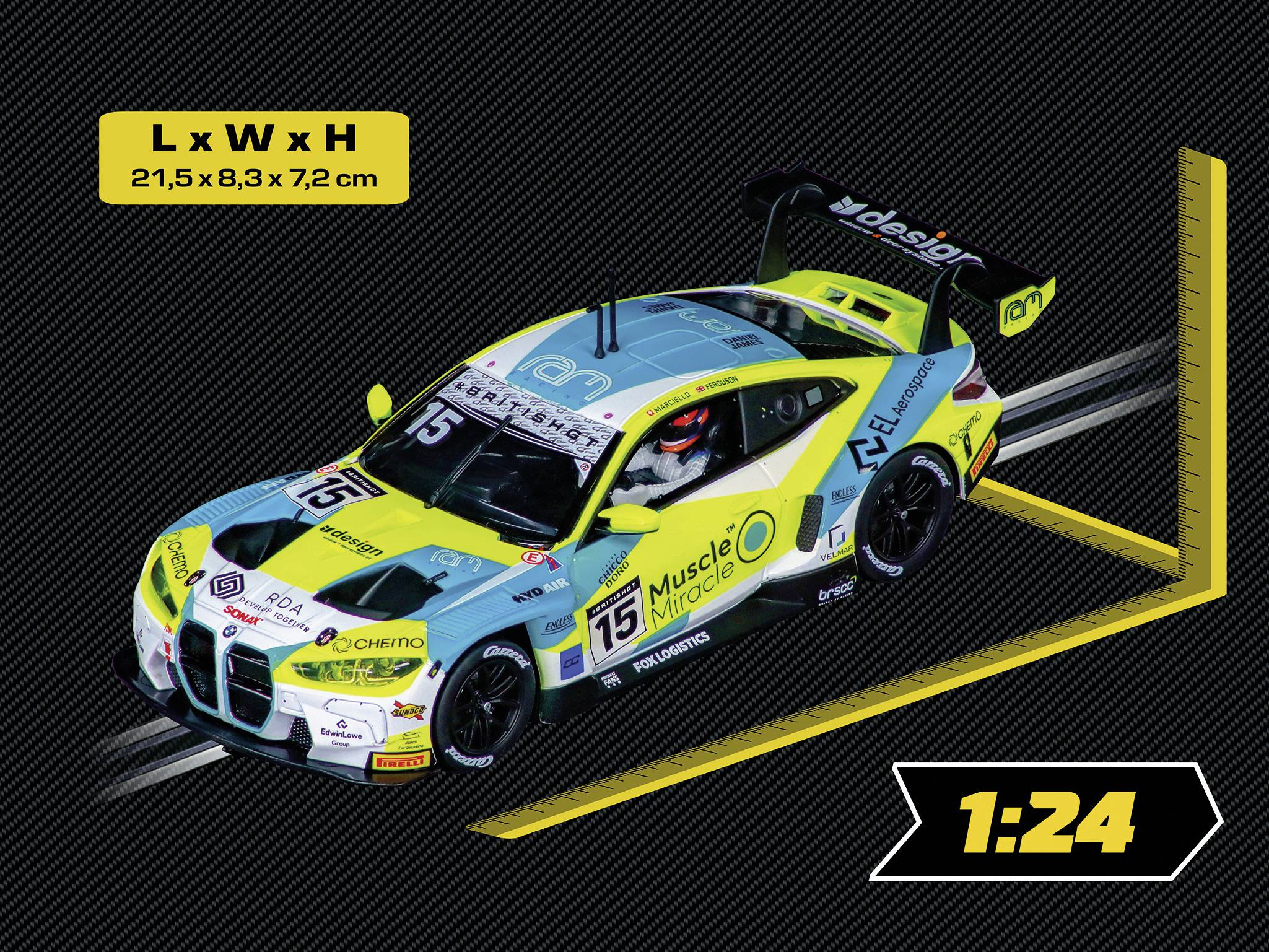Modell-Rennwagen in blau, gelb und weiß lackiert mit 'Muscle Miracle' Logo. Maße: 21,5 x 8,3 x 7,2 cm. Maßstab: 1:24.