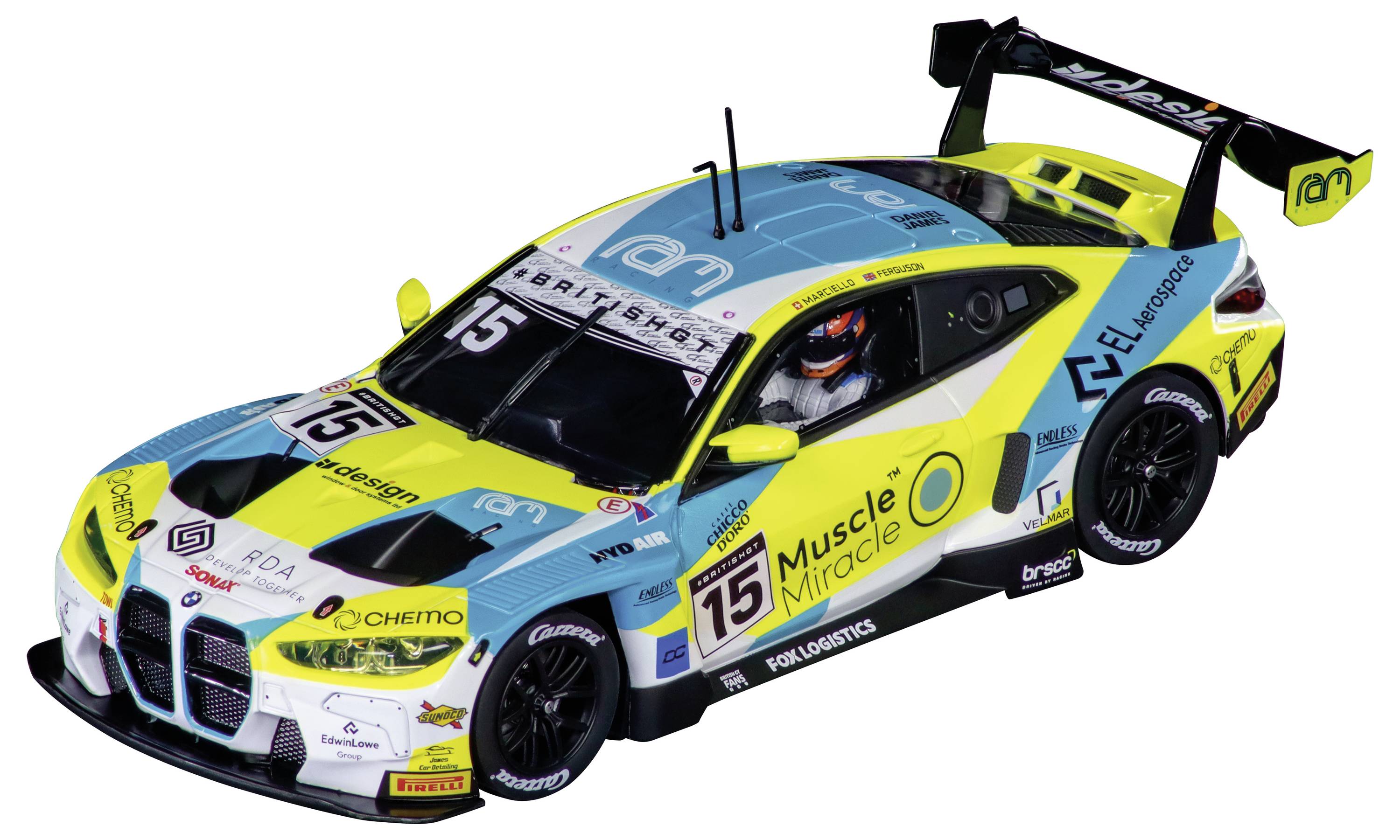 Ein detailliertes Spielzeug-Rennauto mit Sponsorenlogos am Karosserie, ausgestattet mit einer lebhaften blau-gelben Farbkombination, mit der Nummer 15 auf der Motorhaube und an den Seiten.