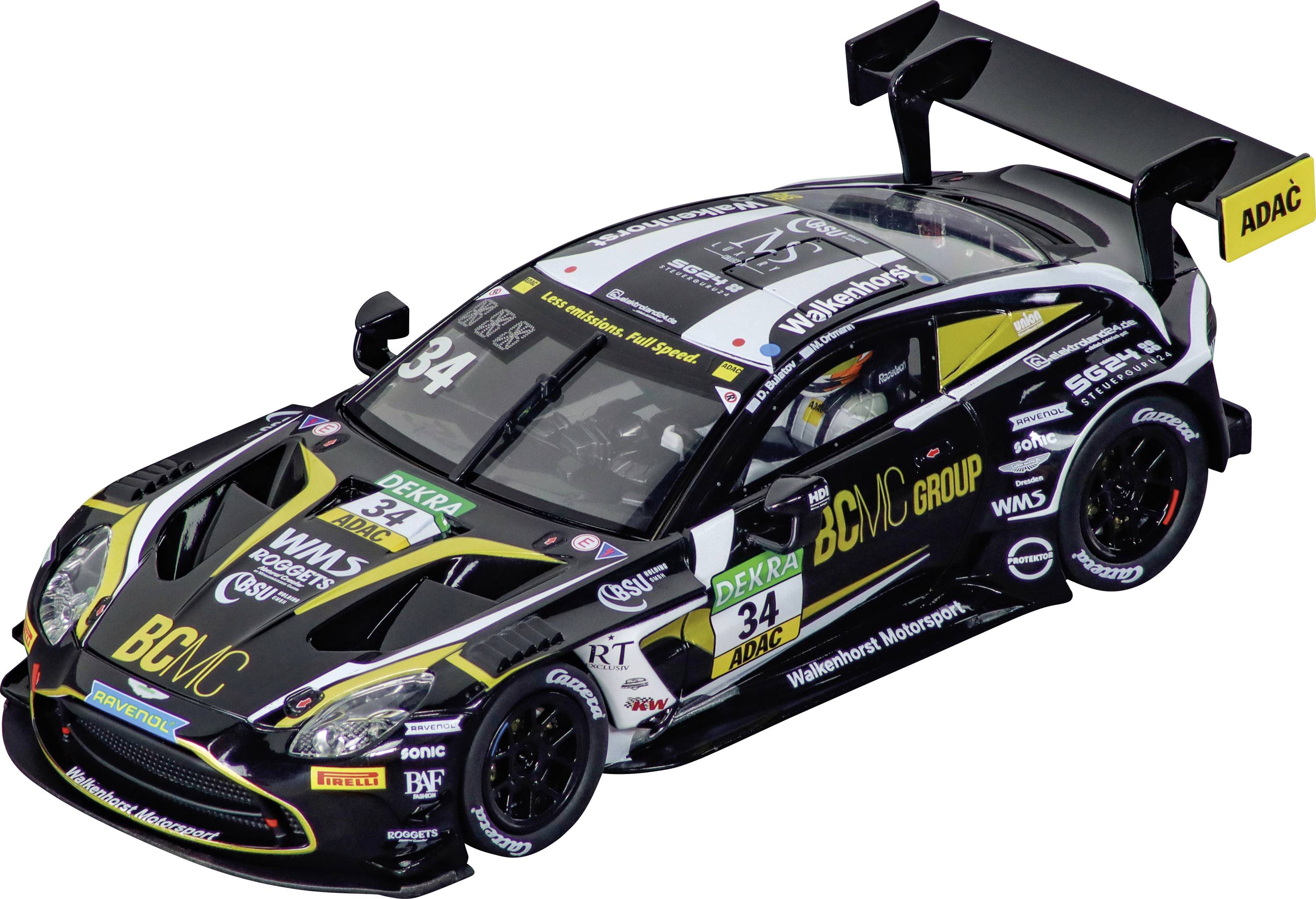 Ein schwarzes und gelbes Rennfahrzeug mit der Nummer '34', bedeckt mit verschiedenen Sponsorenlogos, das ein aerodynamisches Design mit einem großen Heckflügel präsentiert.