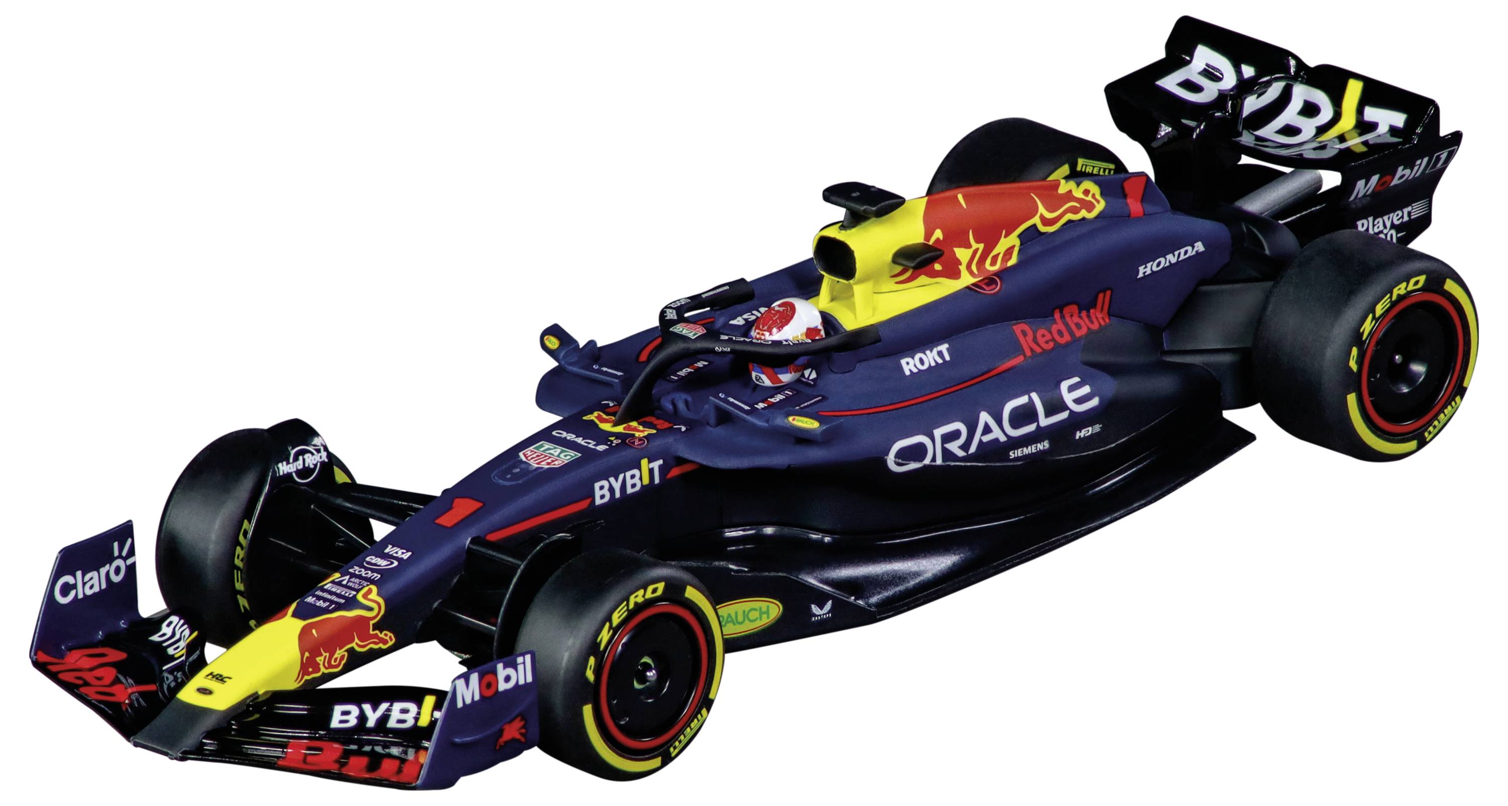 Ein Formel-1-Rennwagen im Red-Bull-Design, mit auffälligen Sponsoren wie Oracle und Mobil, geparkt auf einer ebenen Fläche.