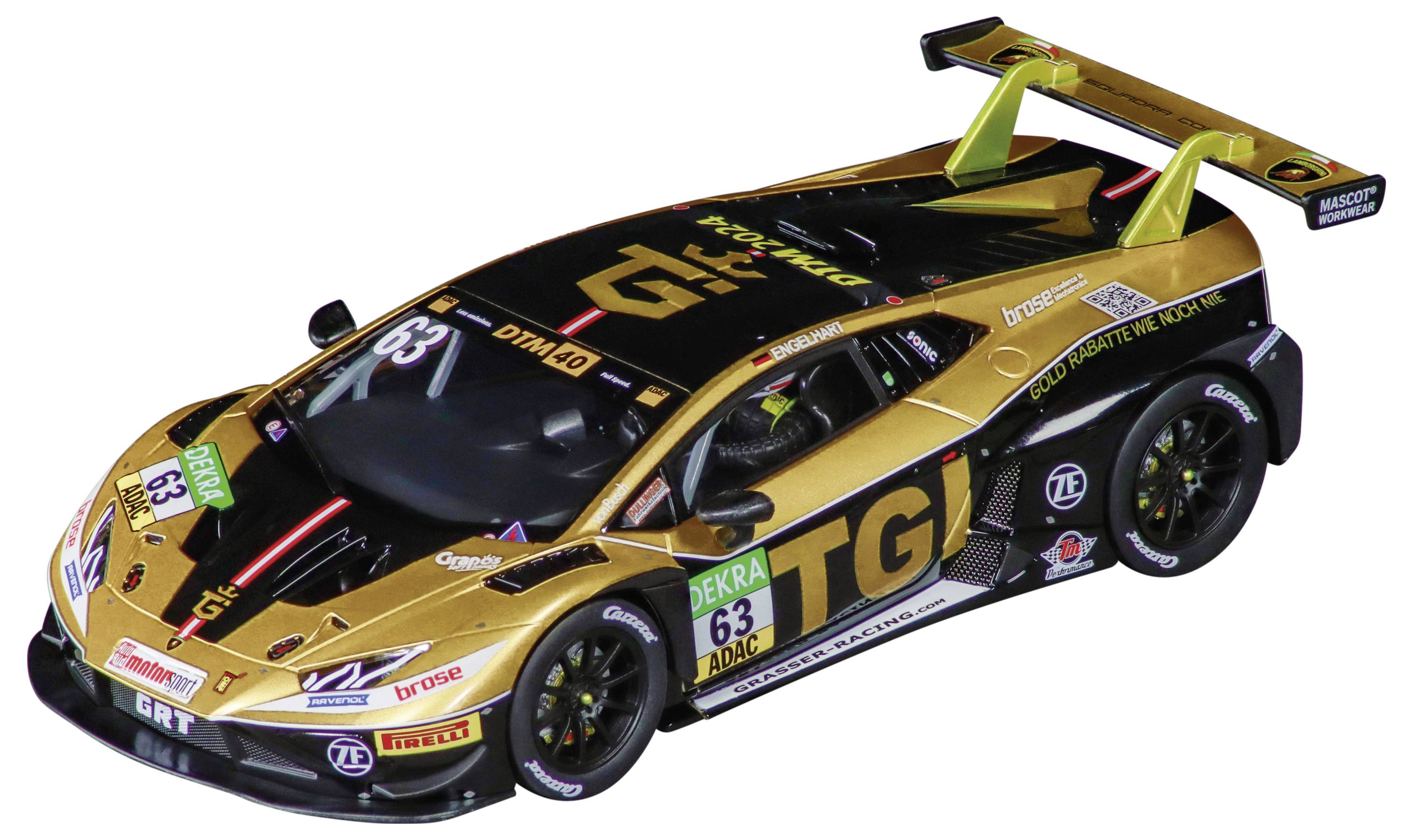 Ein schwarzer und goldener Rennwagen mit der Nummer 63, bekannt für sein schlankes Design und die auffälligen Sponsorenlogos am Fahrzeugkorpus.