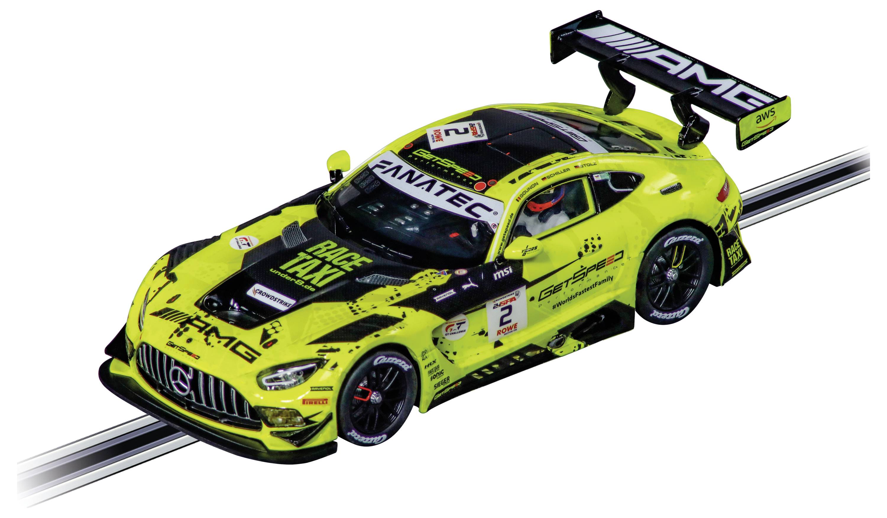 Ein gelber Mercedes-AMG Rennwagen mit 'Race Taxi' und 'Fanatec' Branding. Er hat einen großen Heckflügel und ist mit Dekals detailliert.