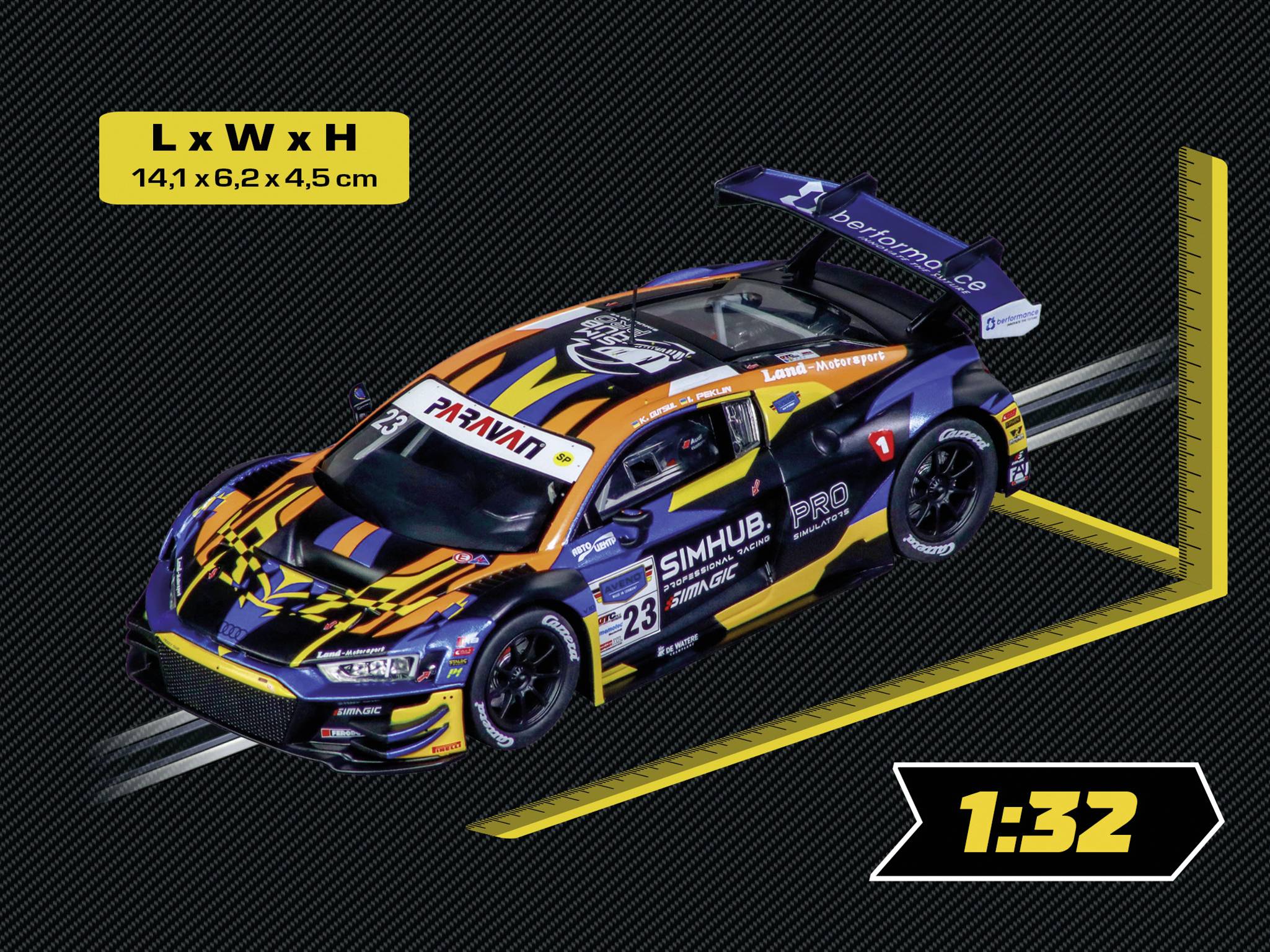 Audi R8 LMS GT3 Modellauto in hellen Rennfarben auf schwarzem Hintergrund mit Abmessungen: 14,1 x 6,2 x 4,5 cm. Maßstab: 1:32.