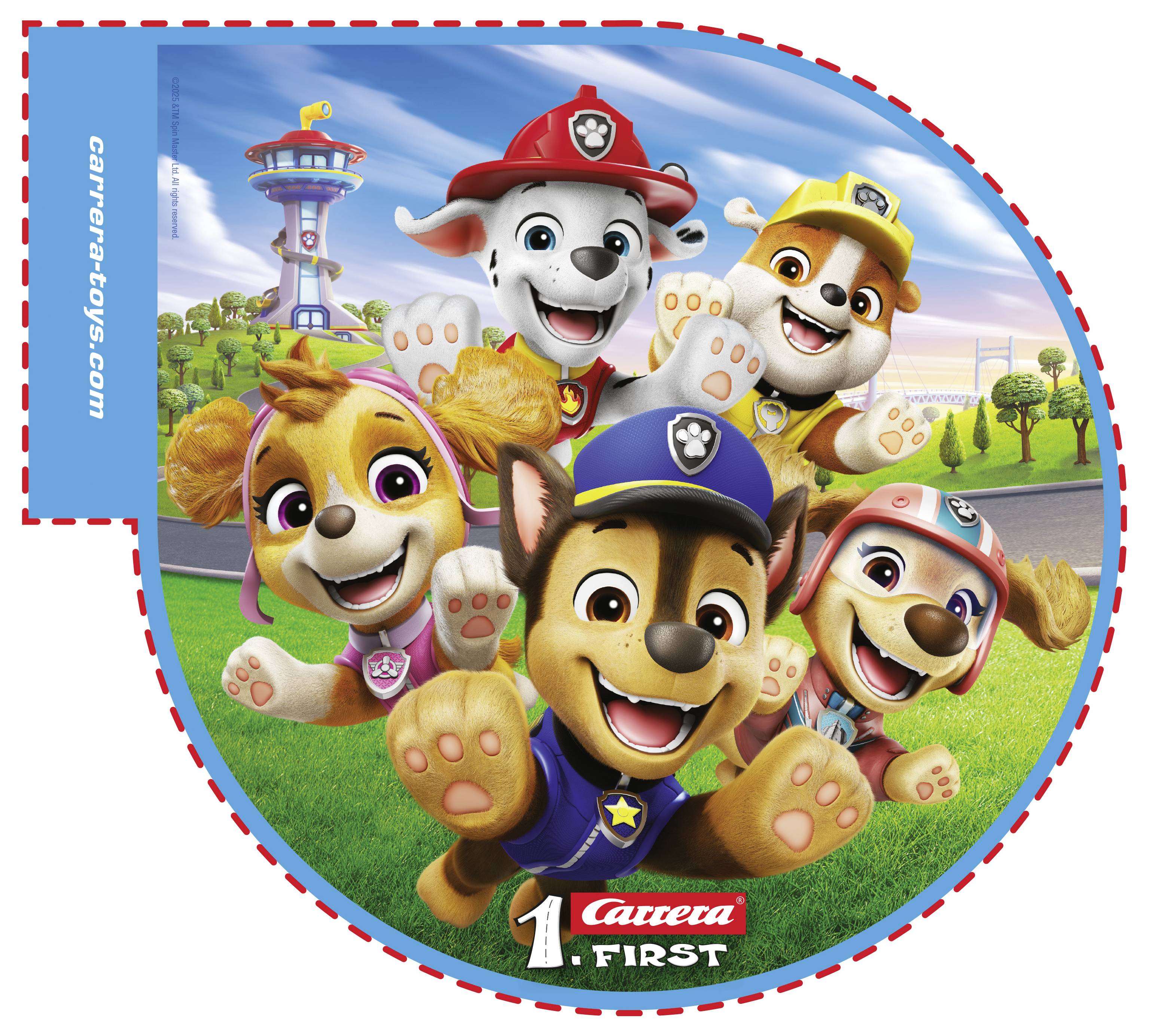 Gezeichnete Welpen in Uniformen laufen fröhlich auf einem grasigen Pfad auf den Betrachter zu, während im Hintergrund ein Aussichtsturm zu sehen ist.