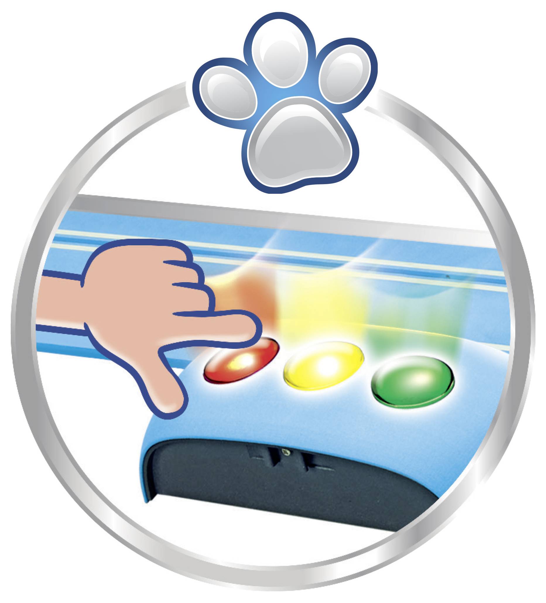 Eine Hand zeigt auf ein Bedienfeld mit roten, gelben und grünen Lichtern, das ein interaktives oder Signalgerät darstellt.