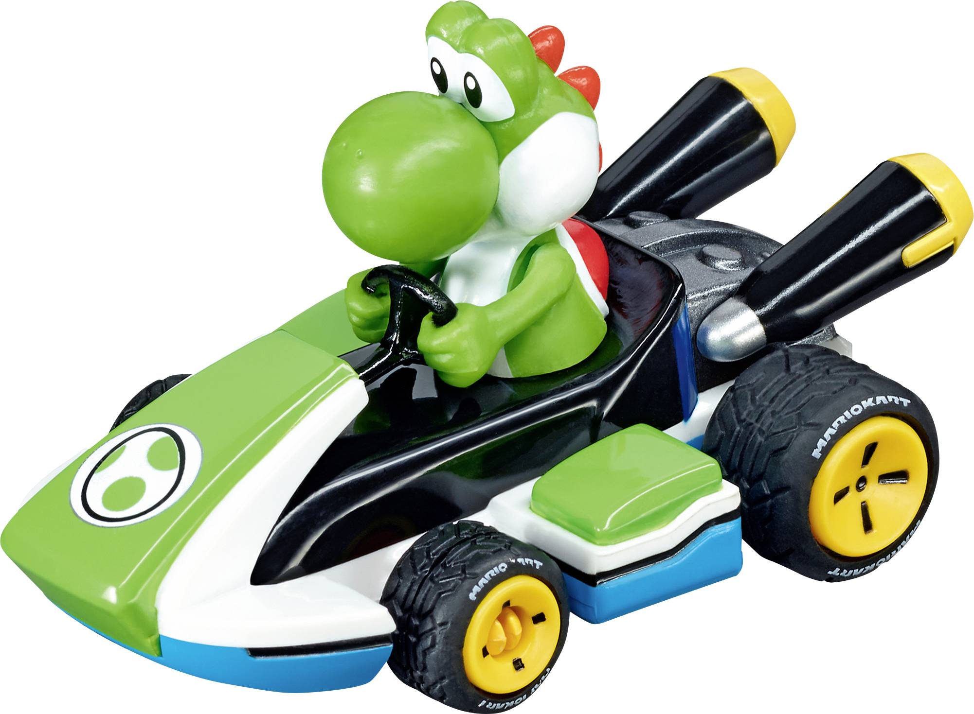 Ein Spielzeugauto mit einer Comicfigur eines Dinosauriers, der in einem grün-weißen Fahrzeug mit gelben Rädern und Doppel-Auspuffrohren hinten sitzt.