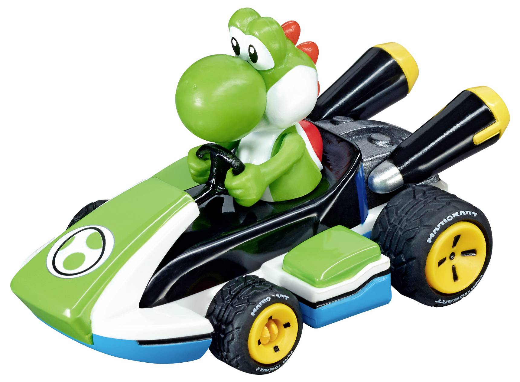 Ein Spielzeug-Kart mit einer grünen, dinosaurierähnlichen Figur mit roten Stacheln und einer weißen Schale, die ein Lenkrad hält, auf einem grün-weißen Fahrzeug.