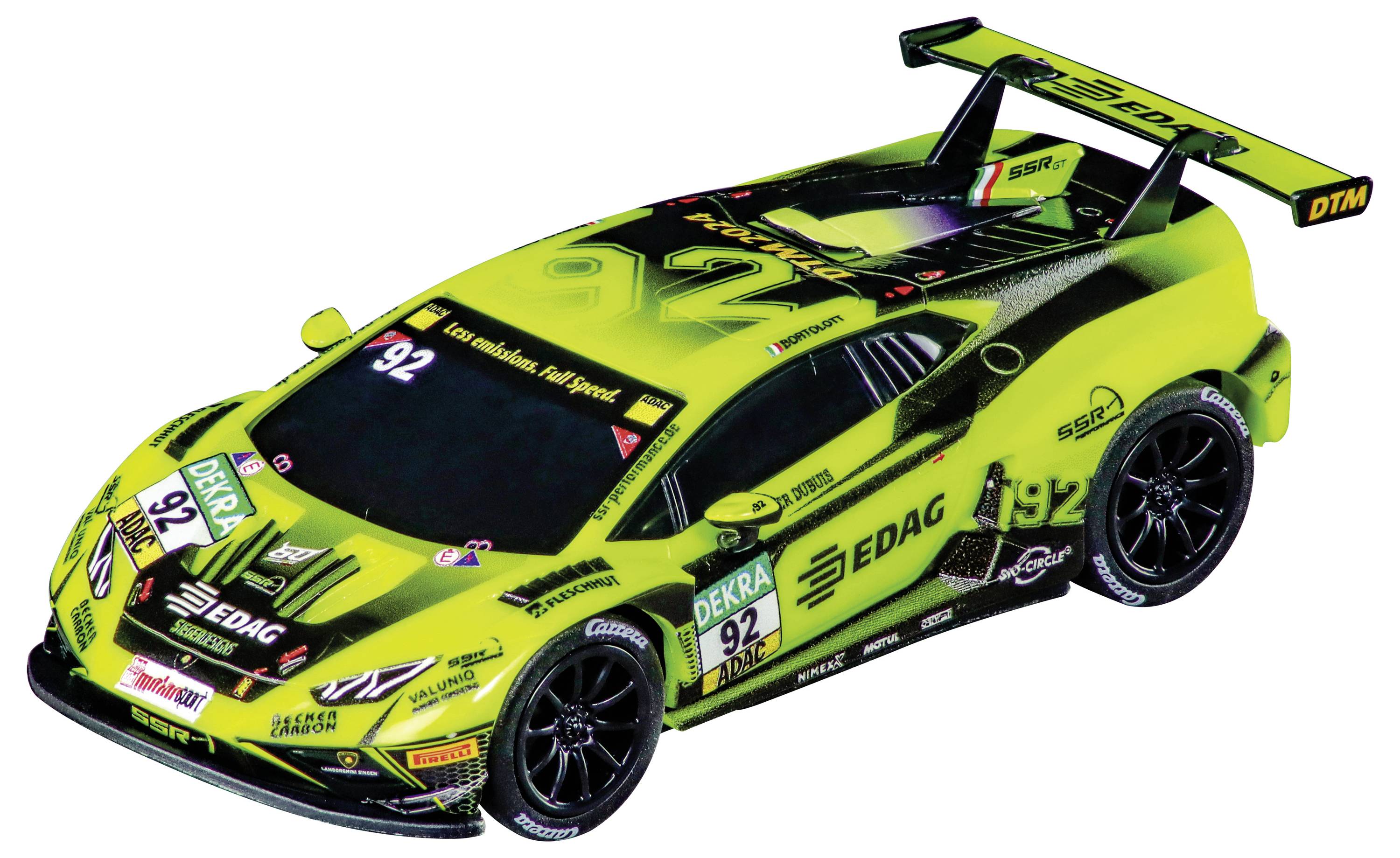 Ein hellgrüner Rennwagen mit der Nummer 92, bedeckt mit Sponsorenlogos, ausgestattet mit einem großen Heckflügel und aerodynamischem Design, der für Edag wirbt.