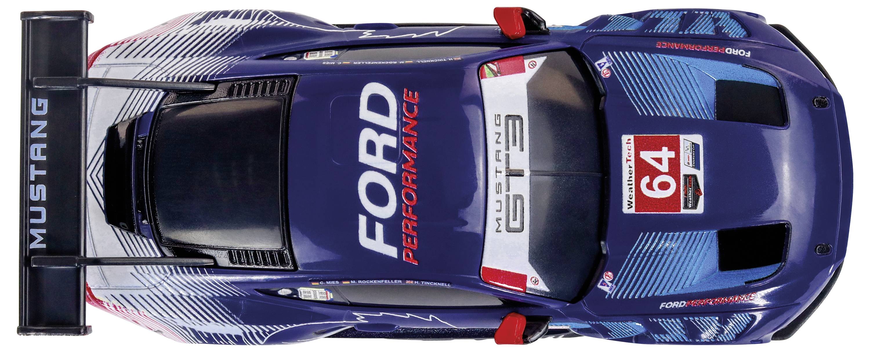 Rennwagen von 'Ford Performance' von oben betrachtet, mit blau-, rot- und weißem Design. Nummer 64 auf der Motorhaube dargestellt.