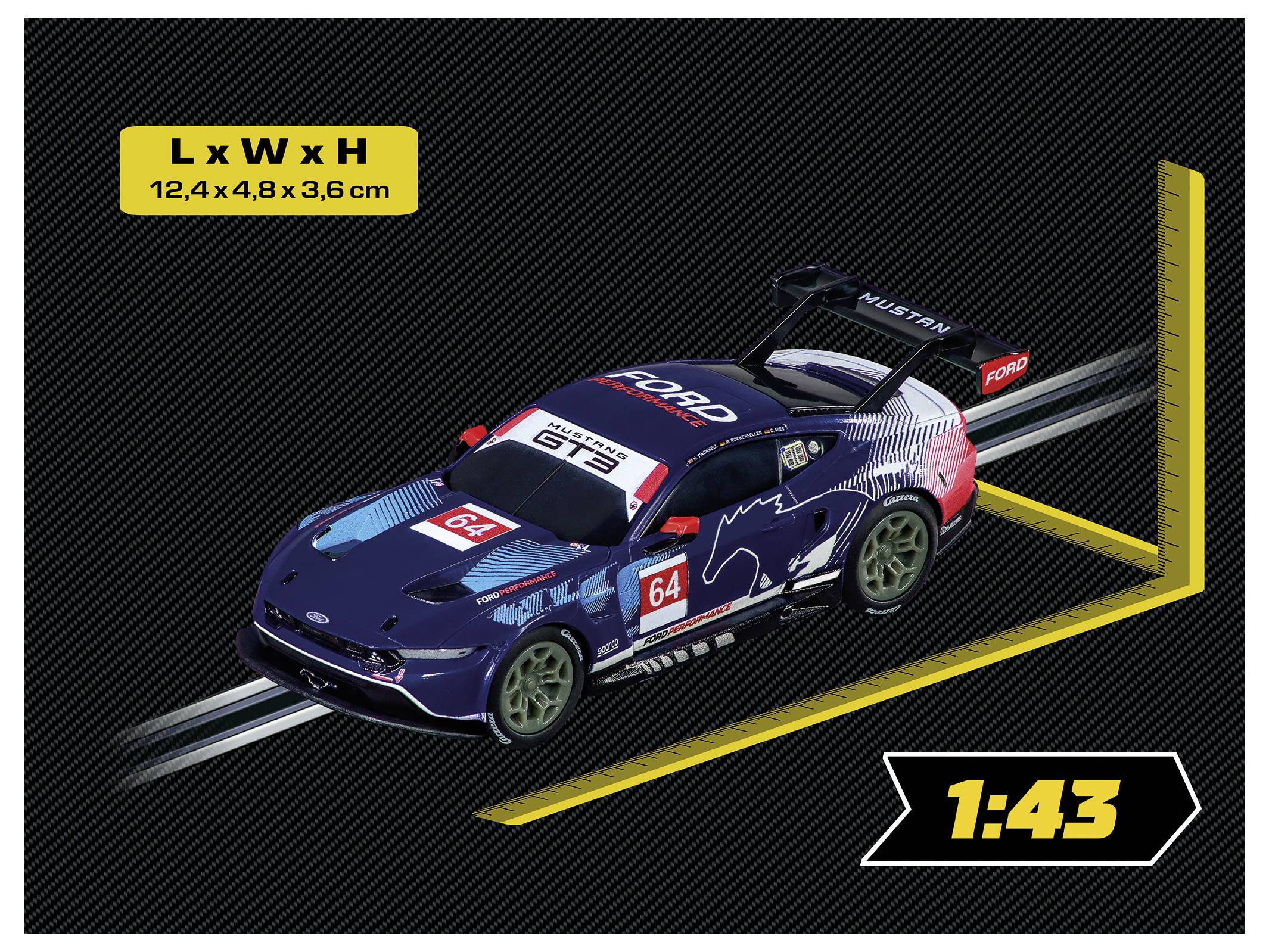 Ein Rennwagenmodell, gekennzeichnet als ‚GT3' mit roter Nummer ‚64' auf einer strukturierten Strecke. Abmessungen: 12,4 x 4,8 x 3,6 cm. Maßstab: 1:43.