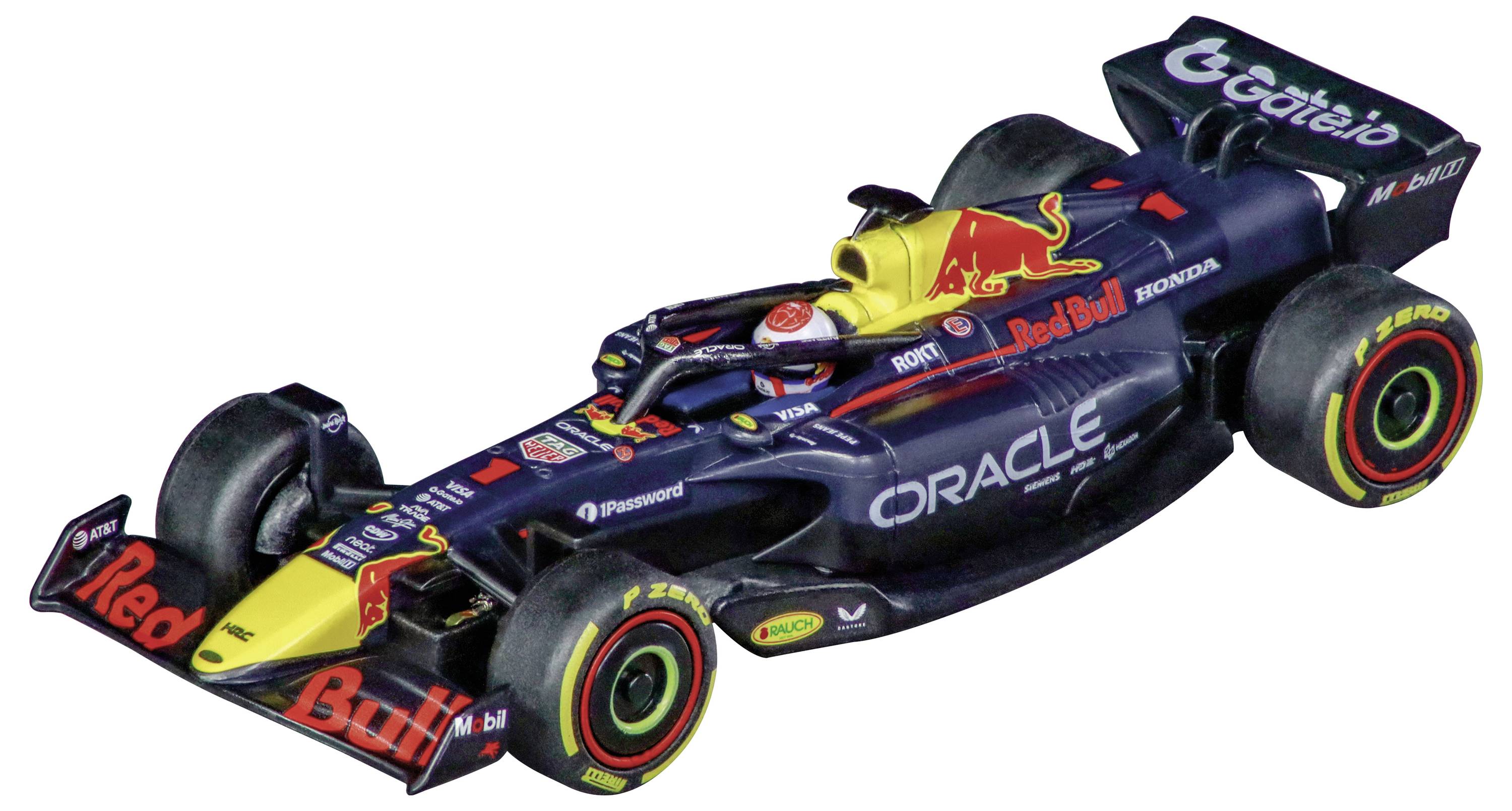 Ein Formel 1-Rennwagen mit Logos von 'Red Bull', 'Oracle' und 'Honda', ausgestattet mit kühnen, farbenfrohen Grafiken und einer aerodynamisch eleganten Designform.