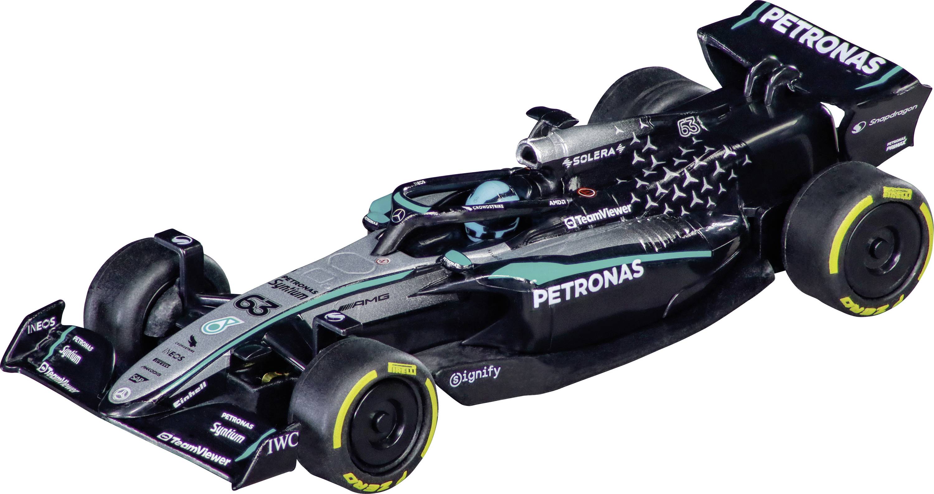 Ein detailliertes Modell eines schwarzen und türkisfarbenen Formel-1-Rennwagens mit 'PETRONAS'-Branding, das sein aerodynamisches Design und seine Reifen präsentiert.