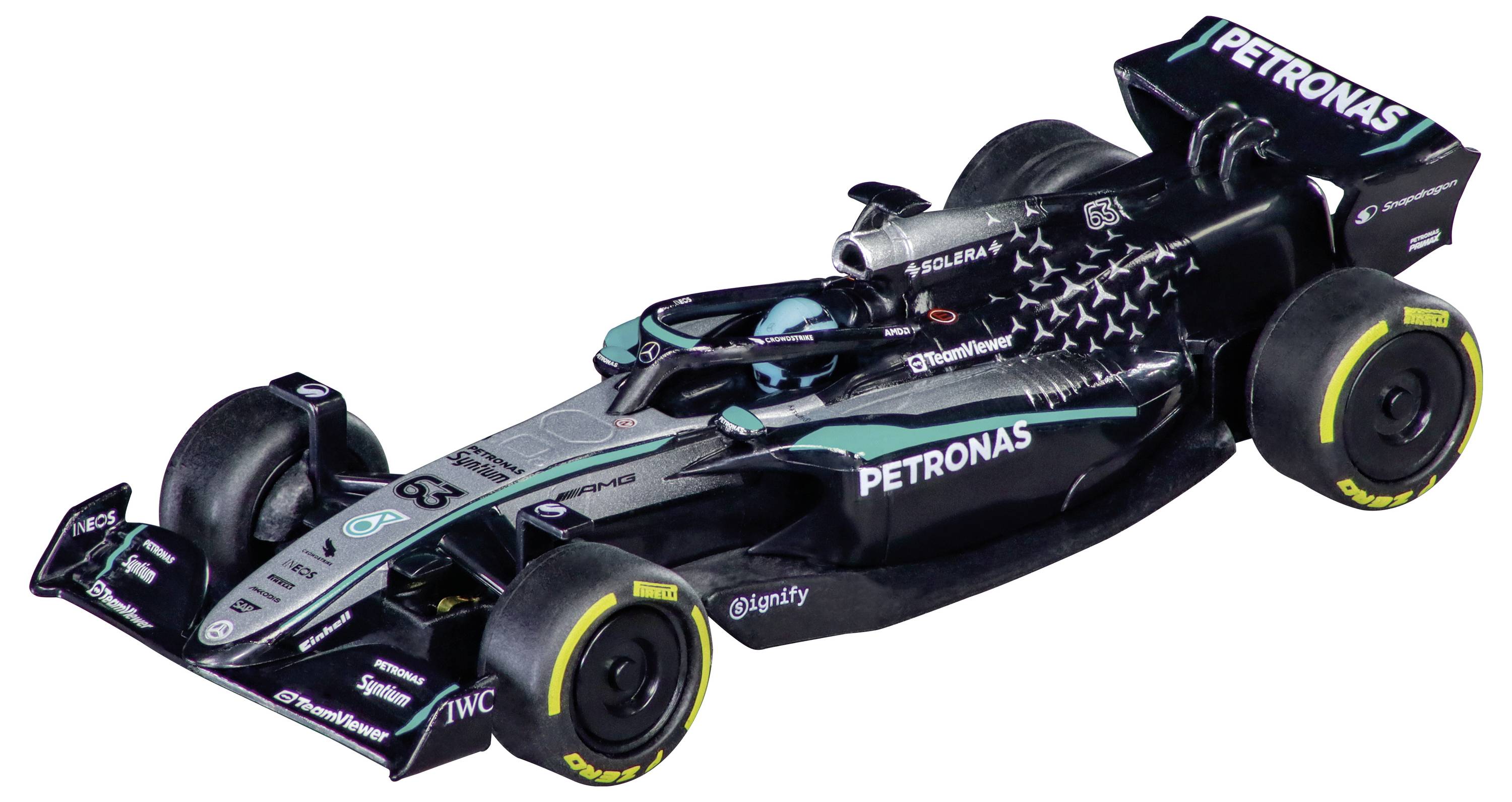 Ein schwarzer und silberner Formel-1-Rennwagen mit Logos und der Nummer 63, ausgestattet mit aerodynamischen Designelementen, gesponsert von Petronas.