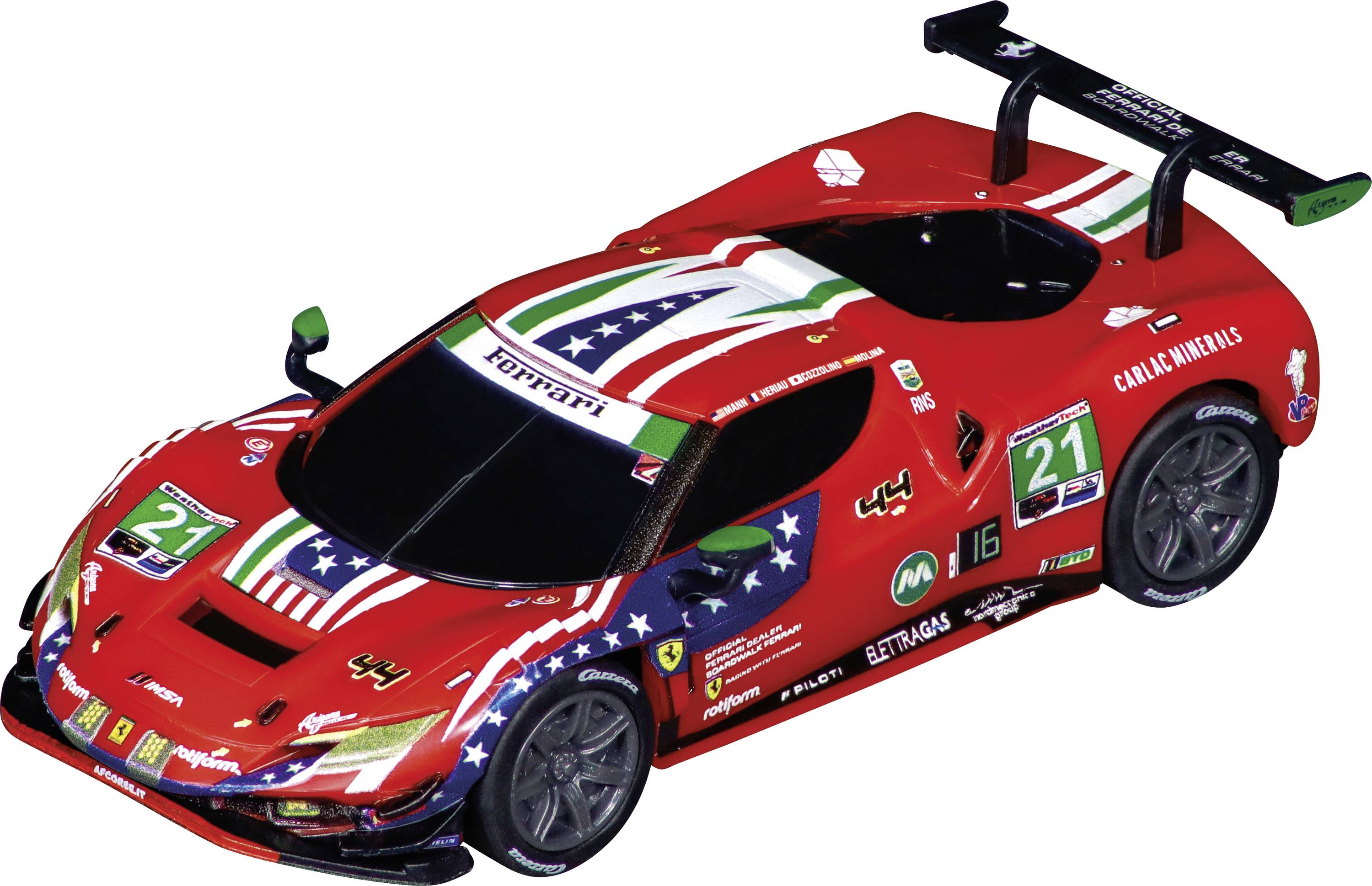 Rotes Sportwagenmodell mit amerikanischer Flaggendesign und Nummer 21 an den Türen, schwarzem Heckflügel und verschiedenen Sponsorenlogos am Fahrzeugkörper.