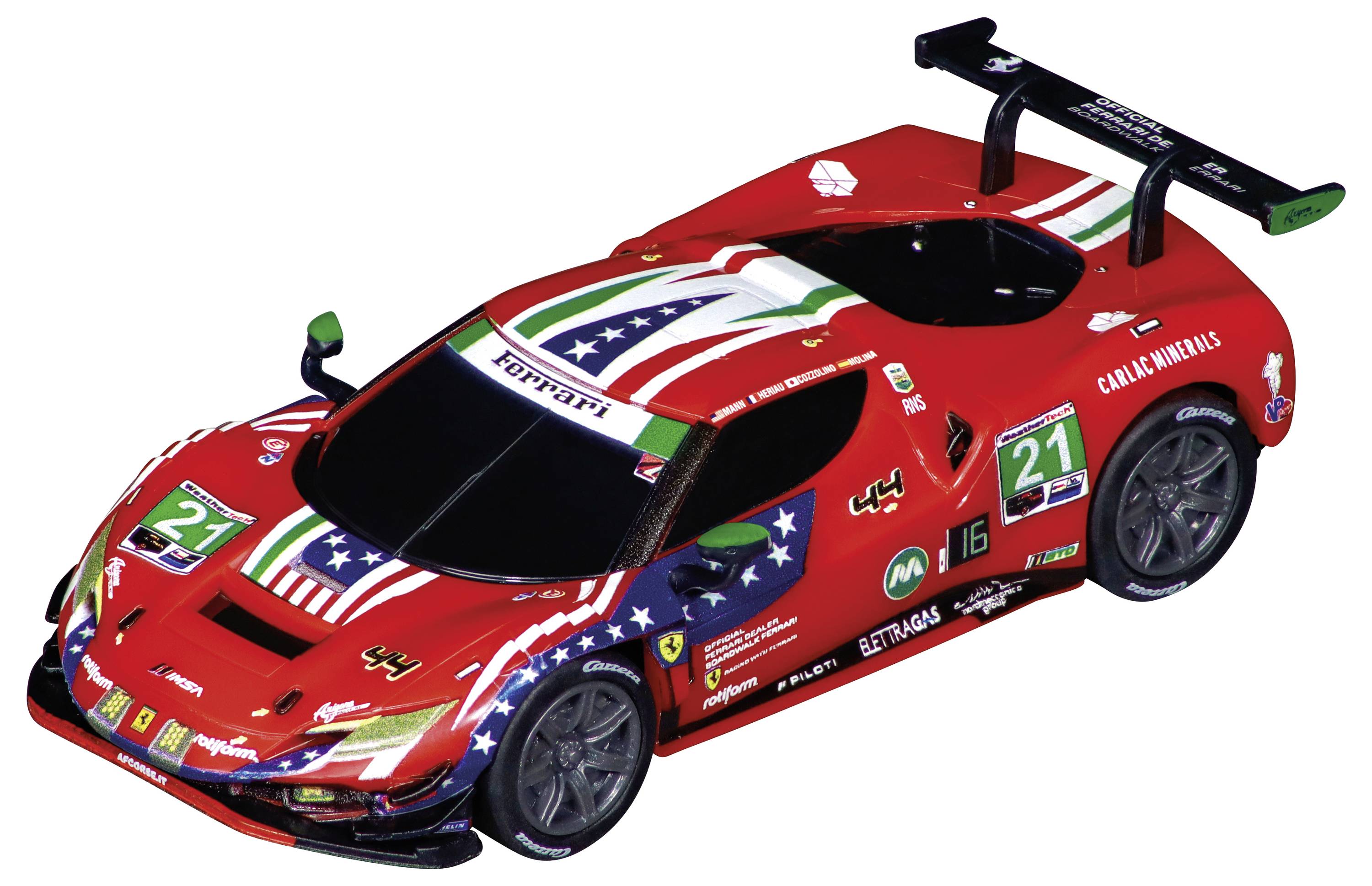 Ein roter Sportwagen mit Renndekals, einschließlich Sternen, Streifen und der Nummer '21', der für Wettbewerbsrennen konzipiert ist.
