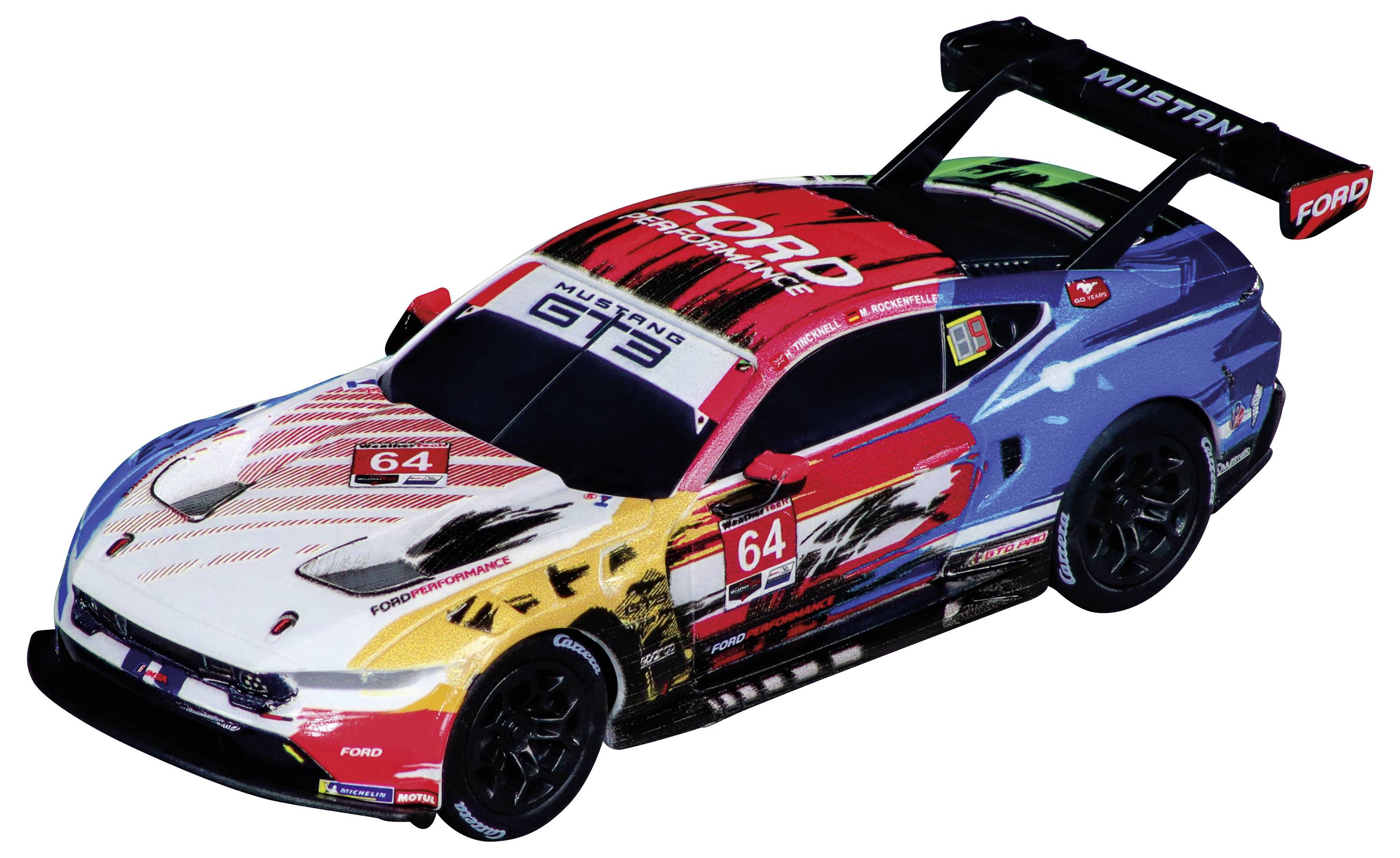 Ein rotes, blaues und gelbes Rennwagenmodell eines Ford Mustang GT3 mit der Aufschrift 