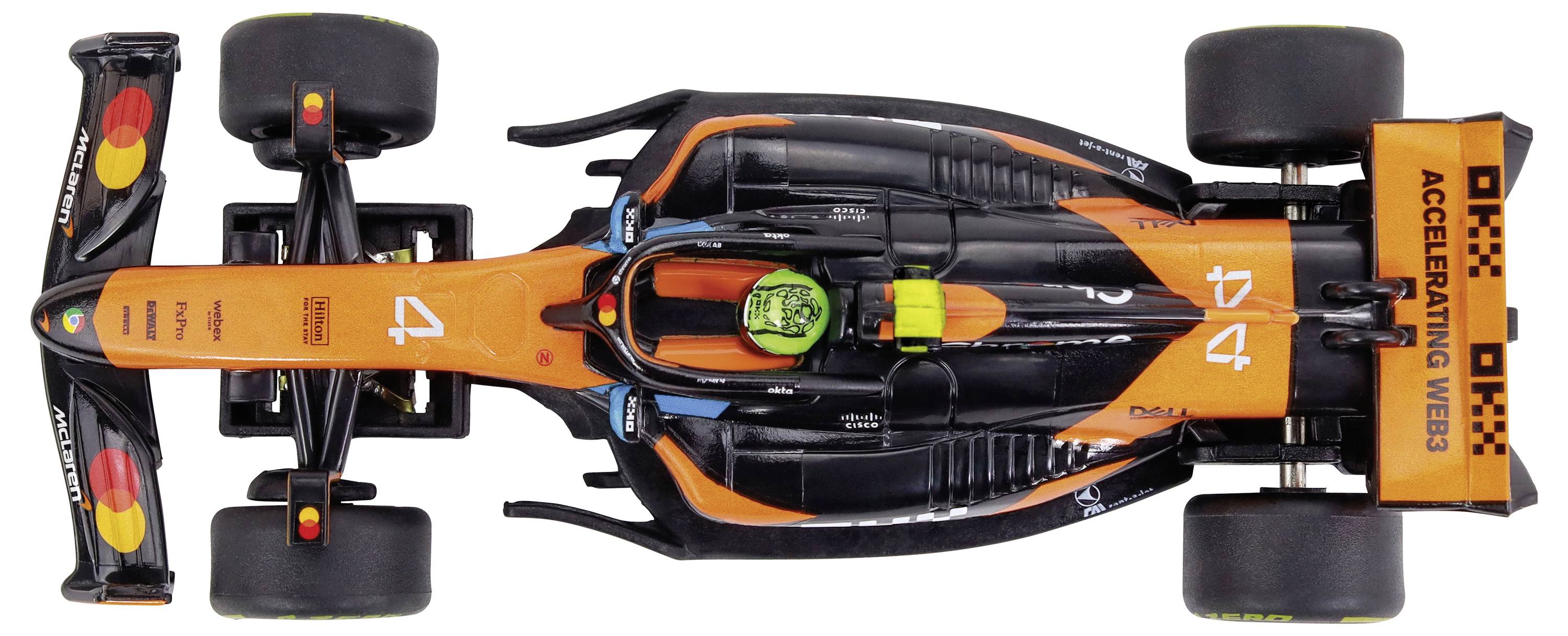 Draufsicht eines orangefarbenen und schwarzen Formel-1-Rennwagens mit markanter Beschriftung und der Nummer 4, der aerodynamische Designmerkmale hervorhebt.