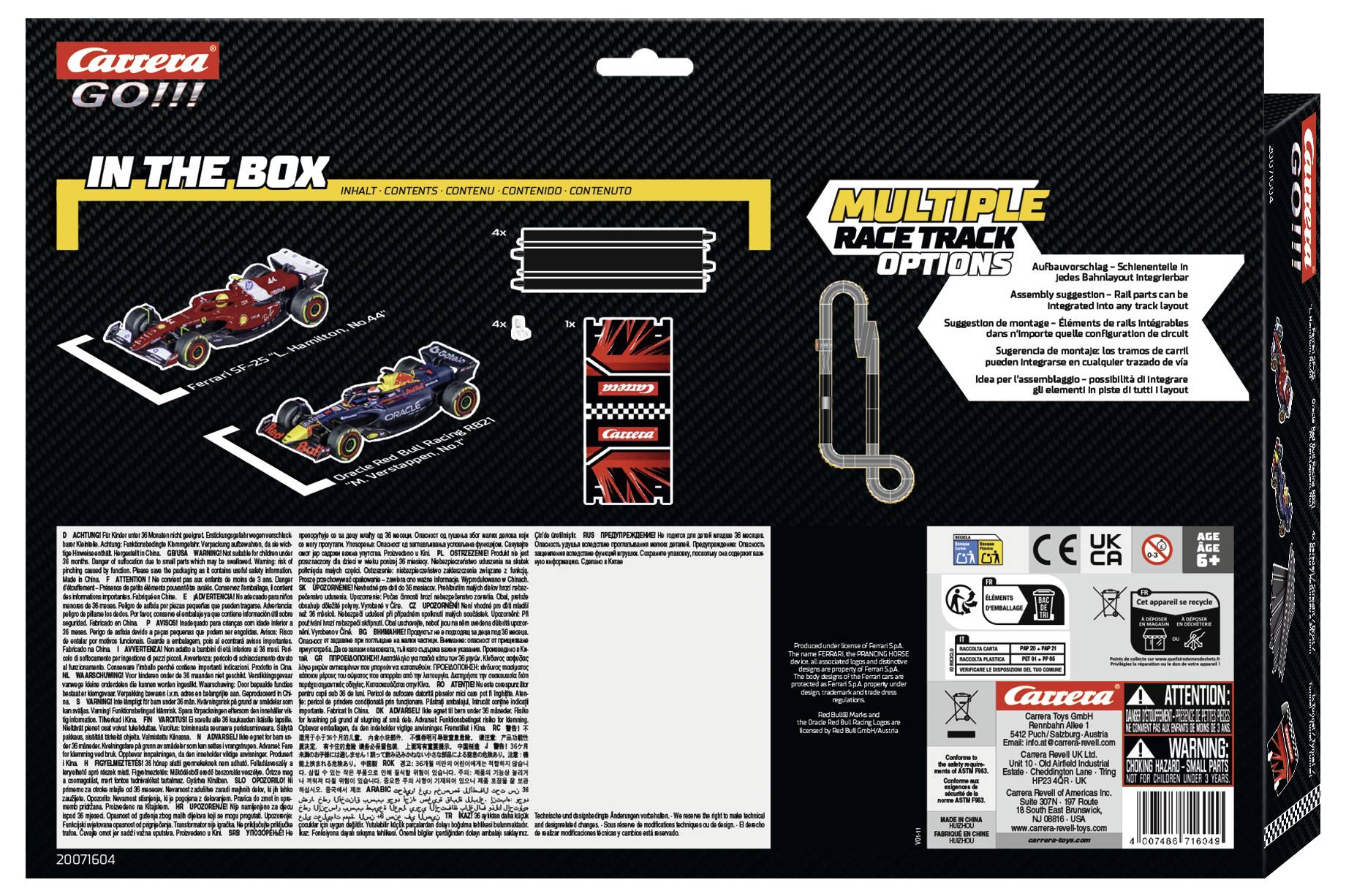 Carrera GO!!!' Rennwagenset-Box mit Inhalt: zwei Rennwagen, Streckenteilen und 'Mehrere Rennstreckenvarianten' mit Diagramm und Spezifikationen.