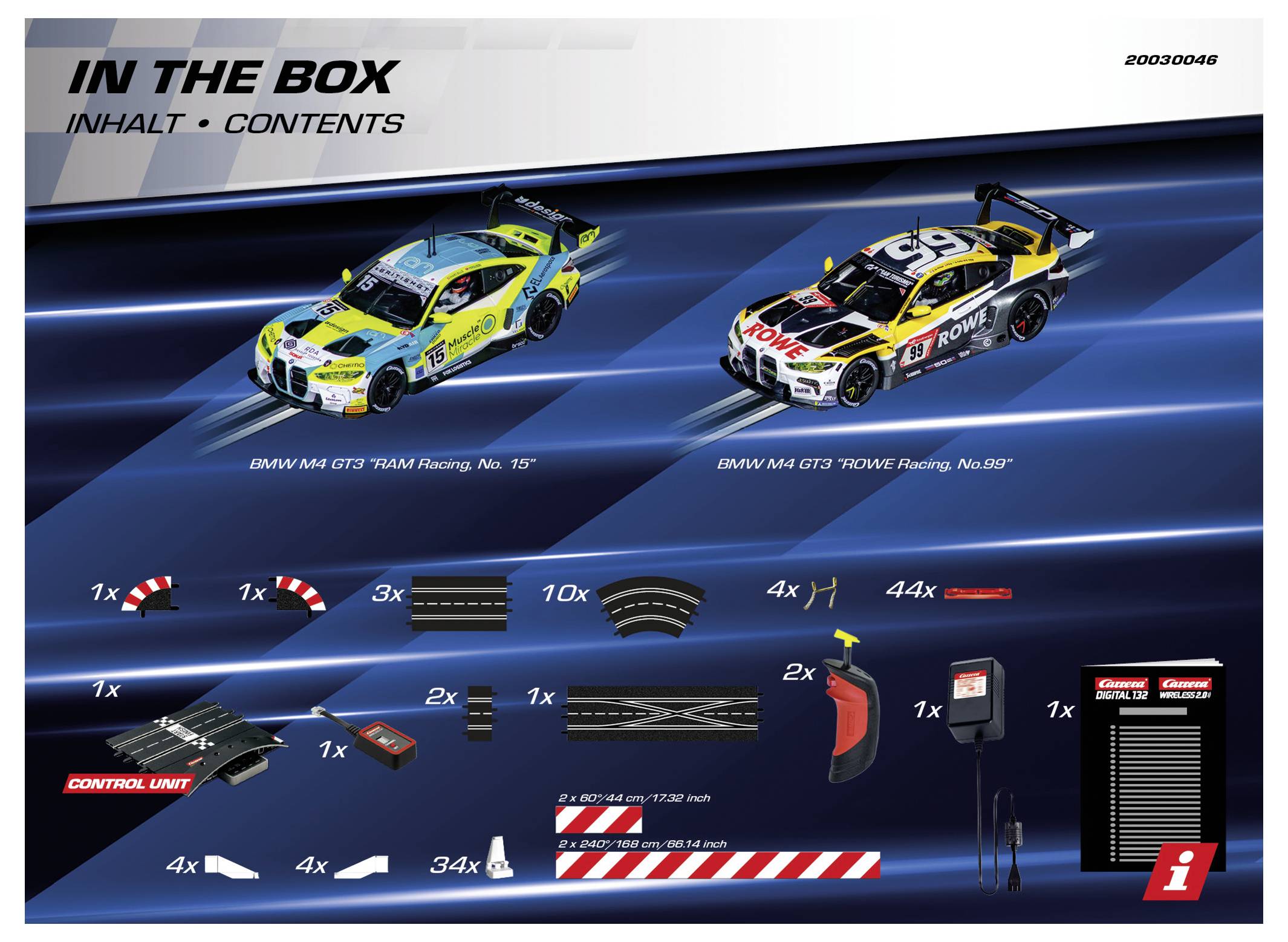 Inhalt der Box: Zwei Spielzeug-Rennwagen (BMW M4 GT3), Streckenteile, Steuereinheit, Handcontroller, Rundenzeähler, Informationsbroschüre.