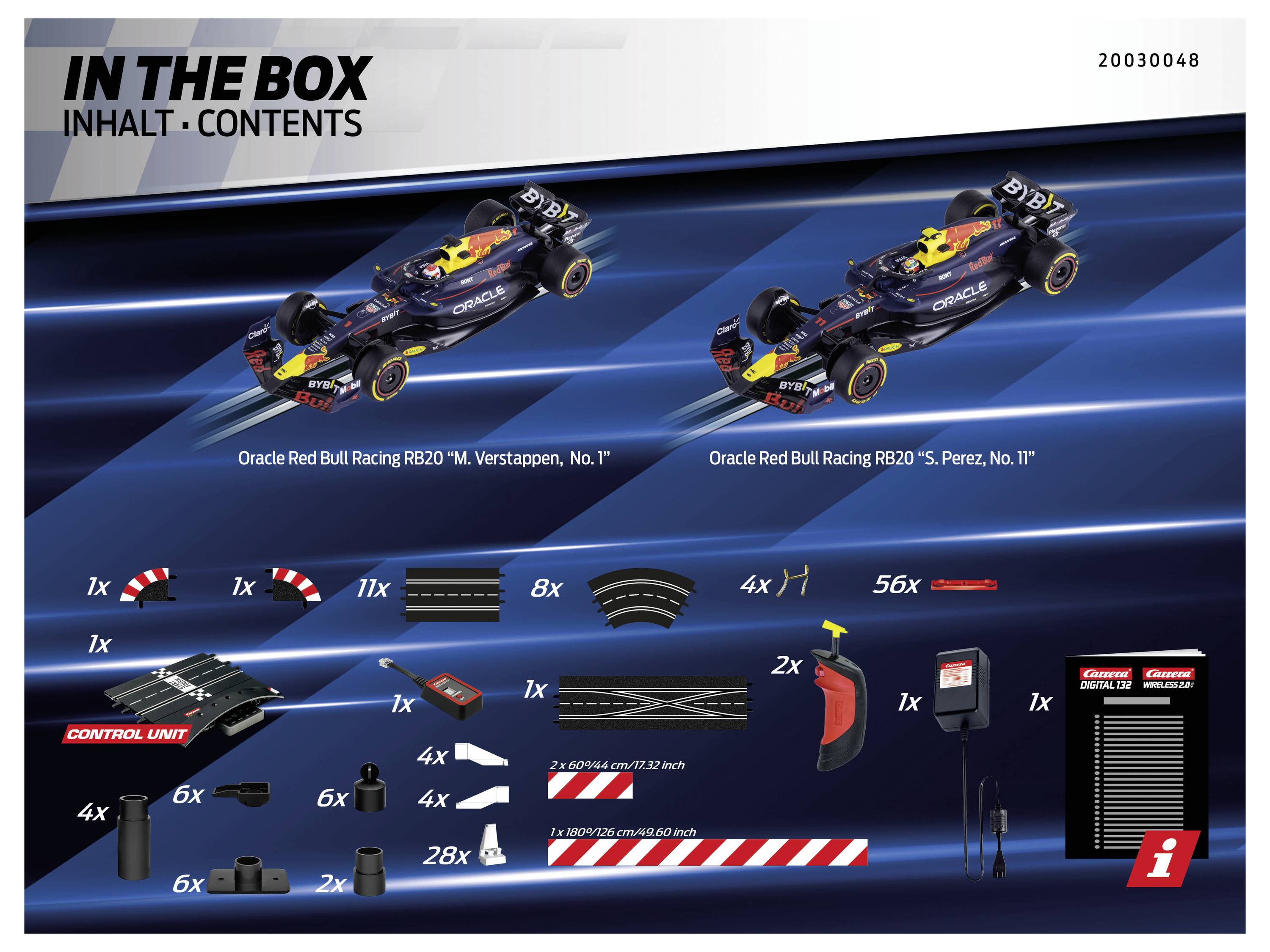 Im Lieferumfang enthalten sind zwei Oracle Red Bull Racing RB20 Autos, Fernbedienungen, verschiedene Streckenteile und Stromzubehör.
