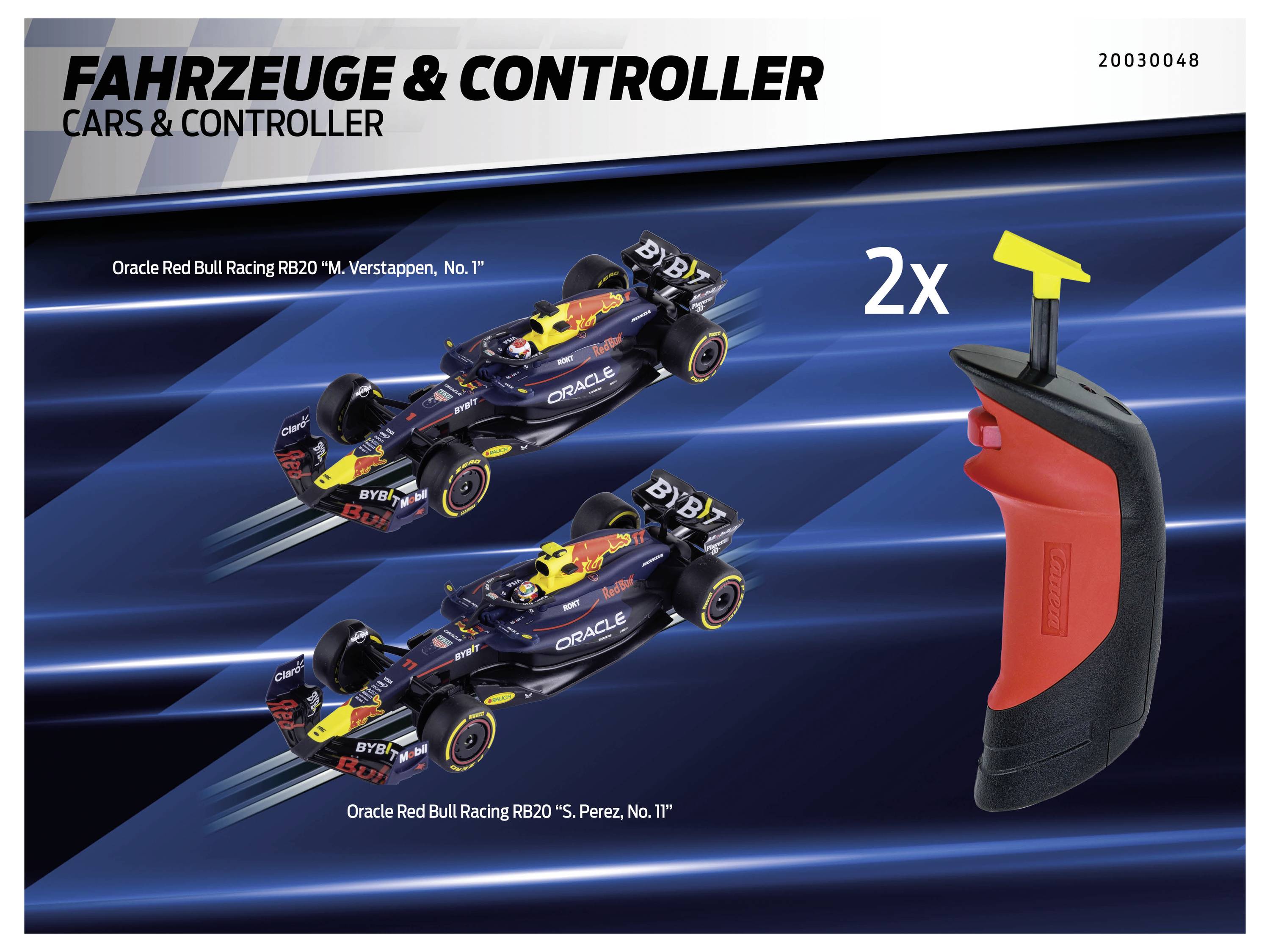 'Fahrzeuge & Controller' Bild zeigt zwei Oracle Red Bull Racing RB20 Autos und einen Renncontroller. Texte: 'Verstappen, Nr. 1', 'Perez, Nr. 11', '2x'.