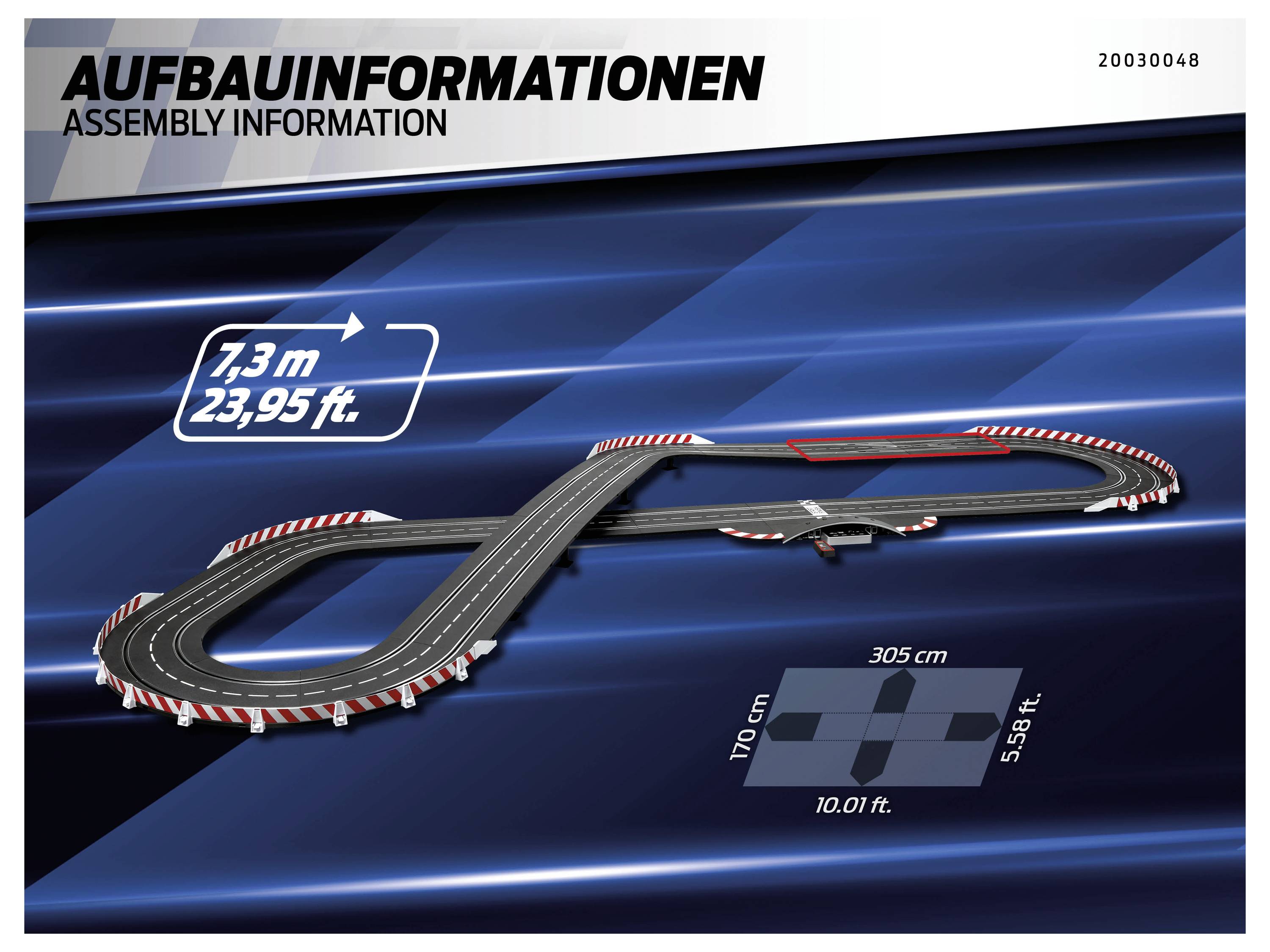 'Montageinformationen': Bild einer Autorennstrecke mit Messungen: 7,3 m/23,95 ft in der Länge und 305 cm/10,01 ft x 170 cm/5,58 ft in der Fläche.