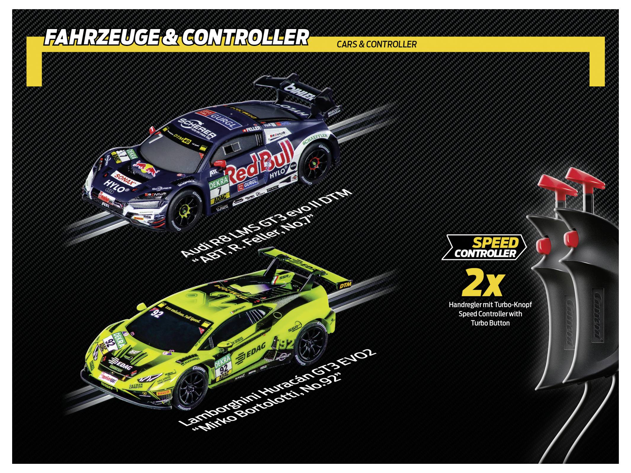 Zwei detaillierte Modellautos mit Aufklebern werden präsentiert: ein schwarzer Audi und ein grüner Lamborghini. Der Text zeigt an, dass 2 Geschwindigkeitsregler im Lieferumfang enthalten sind.