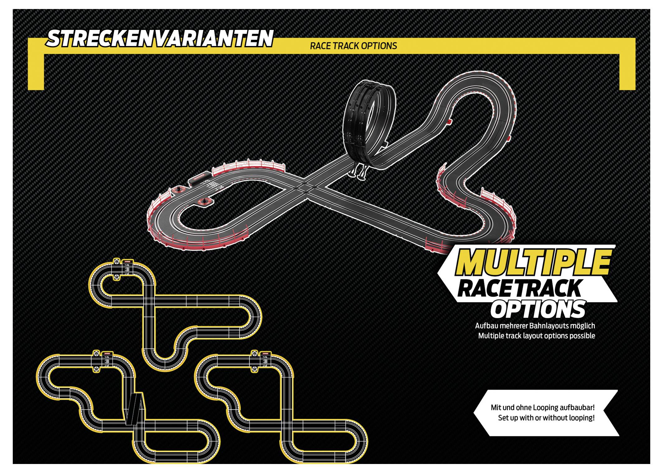 'Streckenvarianten' Rennstreckenvarianten-Diagramm. Zeigt mehrere Streckenlayouts mit Schleifenfunktion. Text: 'Mehrere Rennstreckenvarianten möglich.'