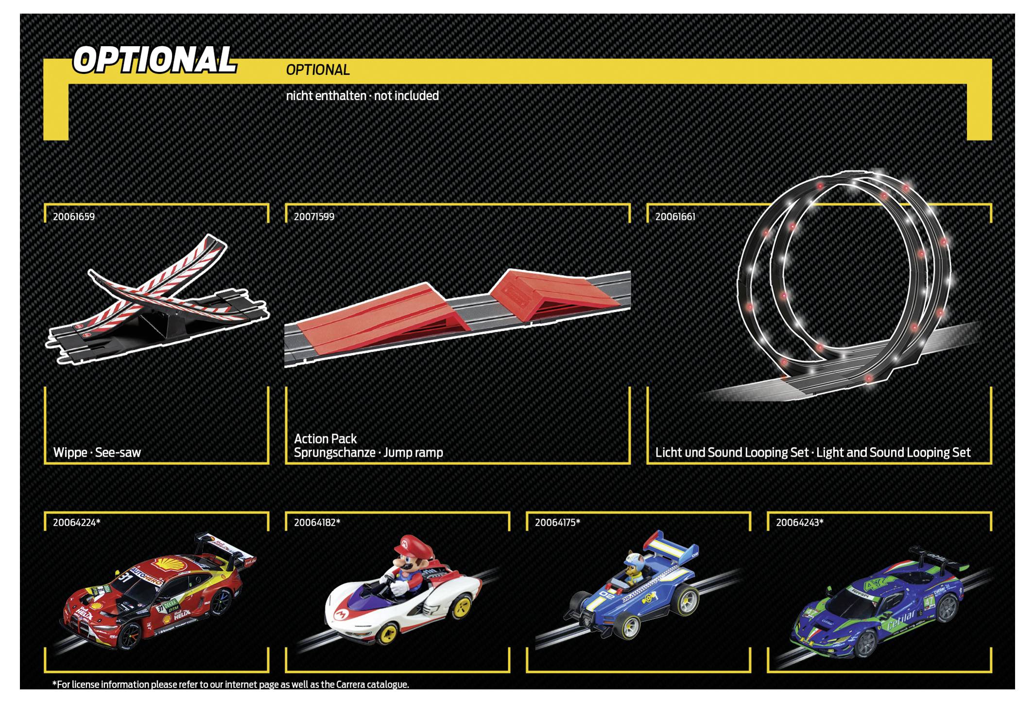 Optionales Zubehör für Autos: Wippe, Sprungrampe, Licht- und Soundlooping-Set; vier Spielzeugautos wie unten gezeigt, jedes mit einzigartigen Designs.
